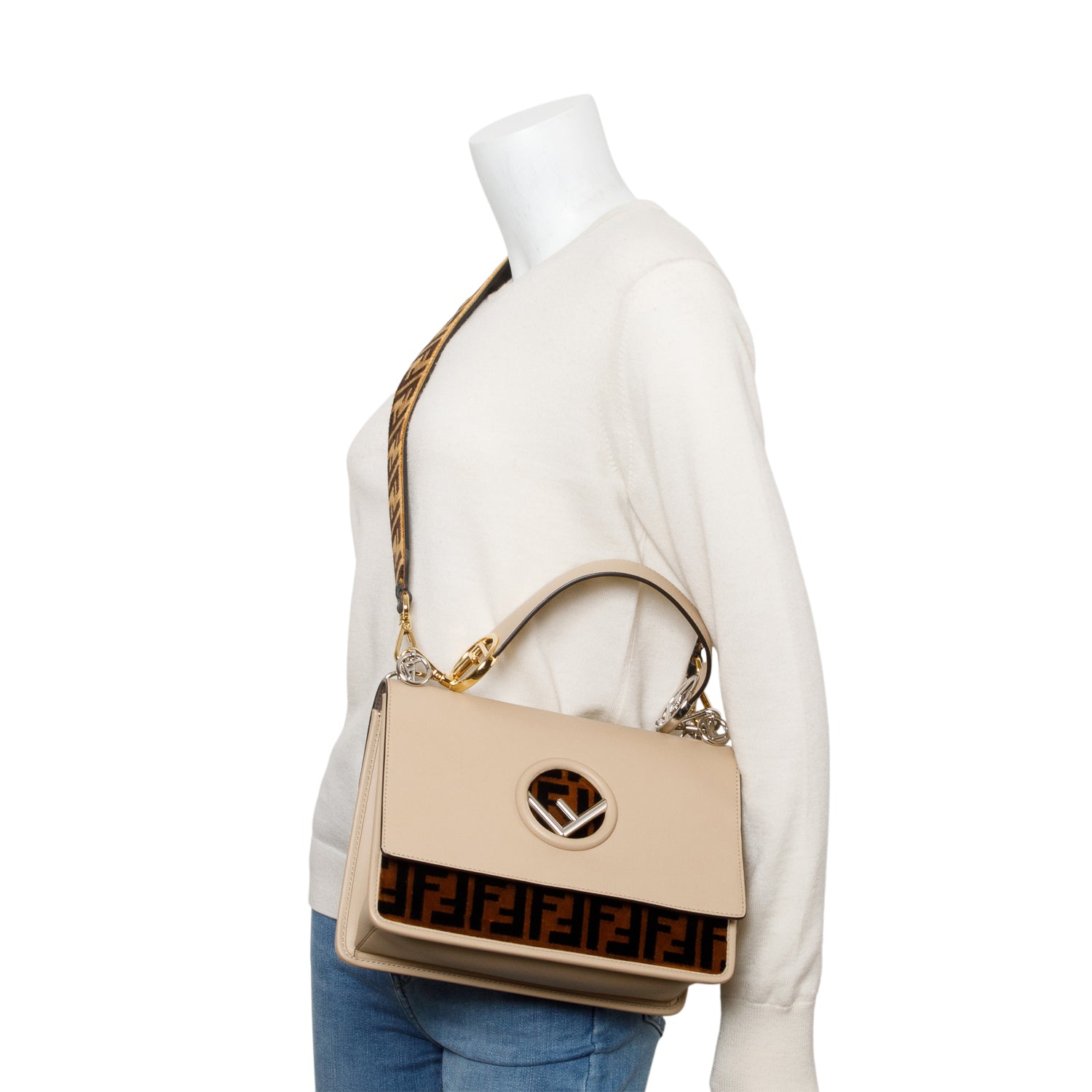 Fendi Beige Calfskin Leather FF Zucca Velvet Medium F is Fendi Kan I Shoulder Bag w/ Straps & Box