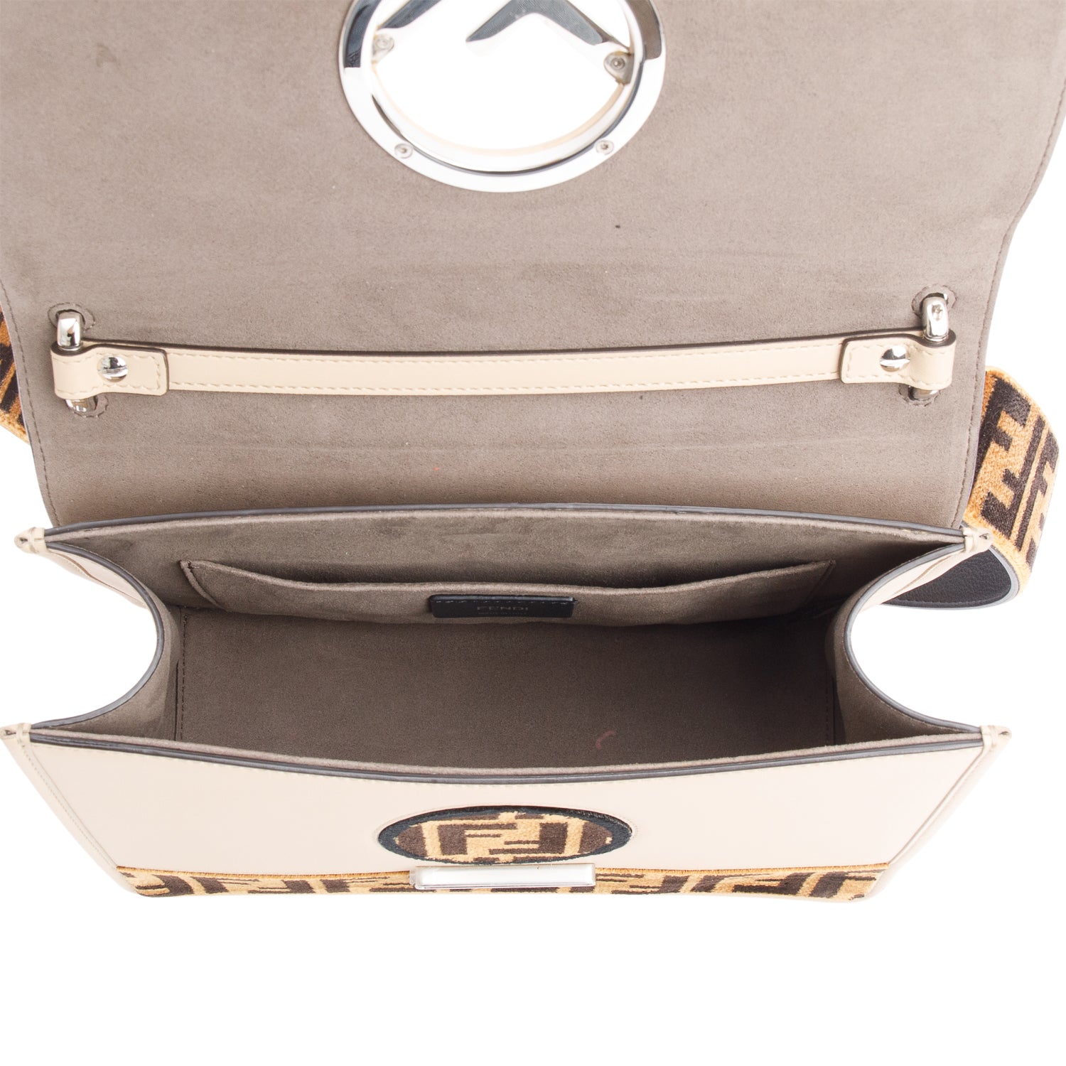 Fendi Beige Calfskin Leather FF Zucca Velvet Medium F is Fendi Kan I Shoulder Bag w/ Straps & Box