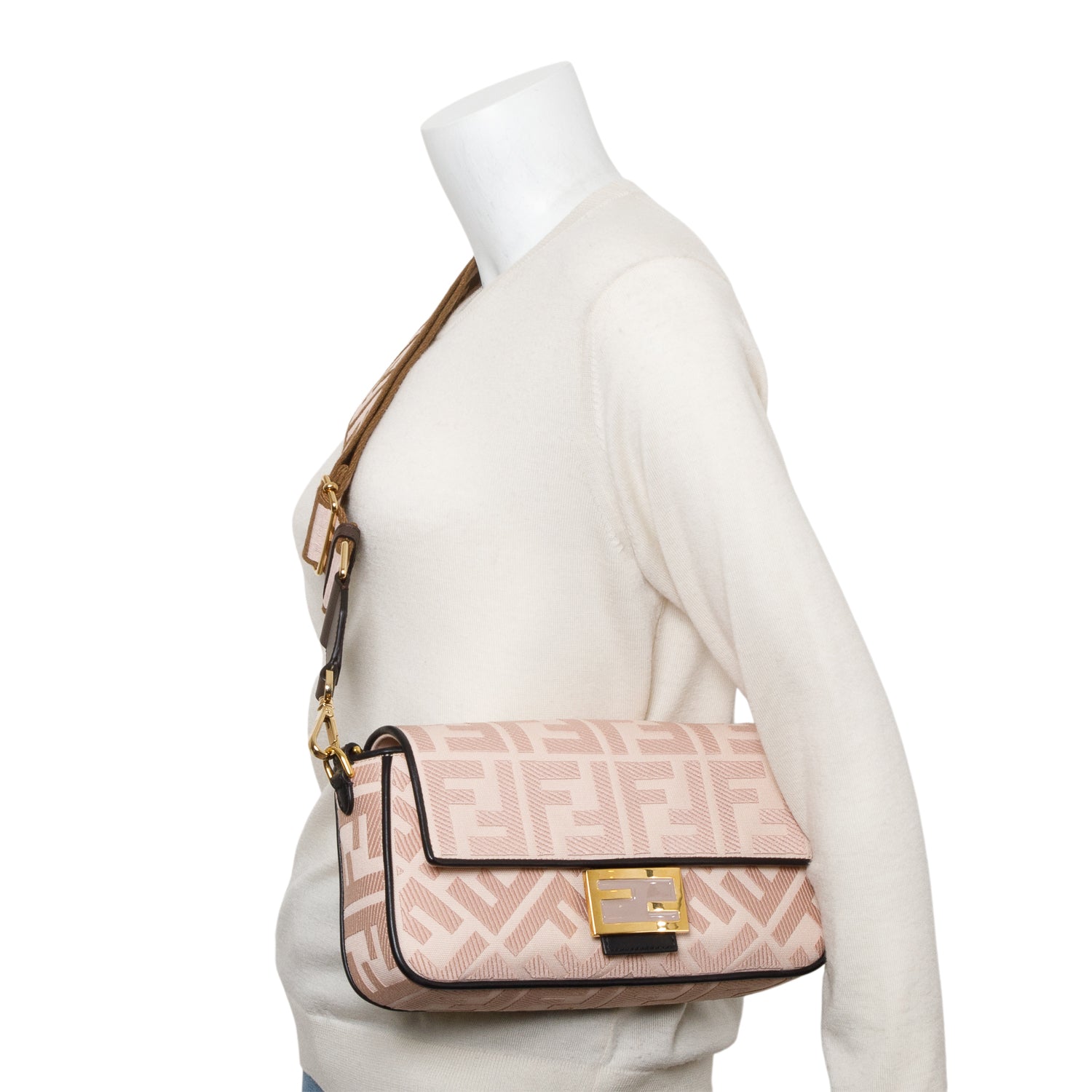Fendi 2020 Pink FF Embroidered Canvas Baguette Shoulder Bag w/ Straps & Box