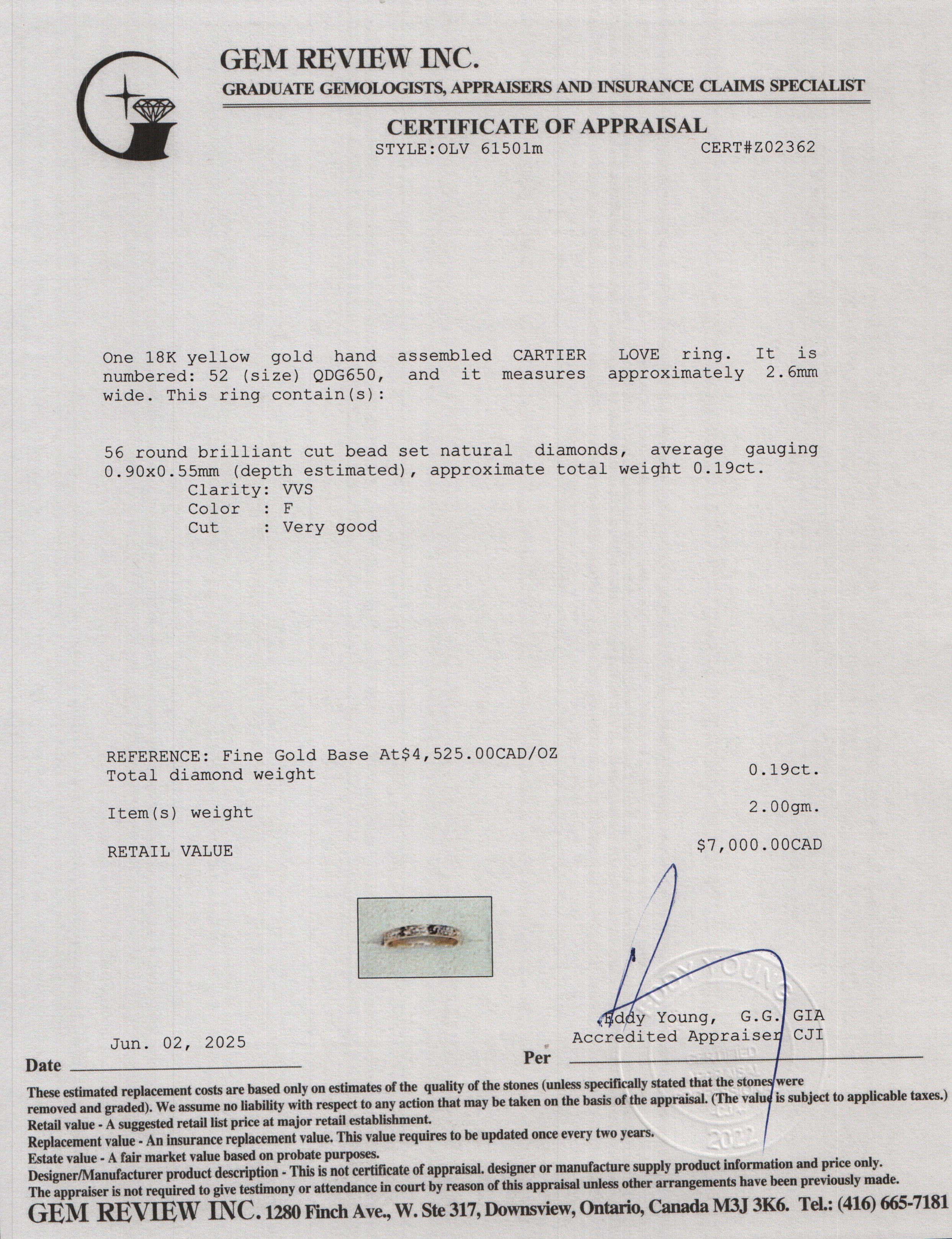 Cartier 2022 18k Yellow Gold Paved Diamond Love Ring, Mini Model Size 52 6 w/ Box & Certificate