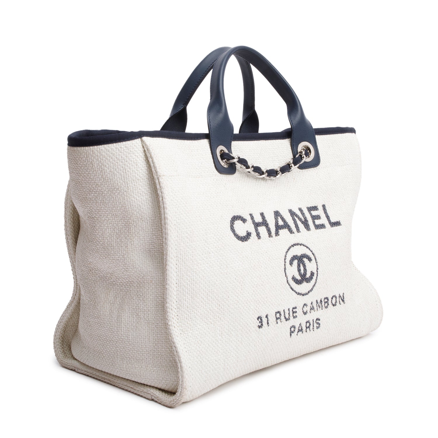 Chanel White Canvas Navy Calfskin Leather Trim Medium Deauville Shopping Tote w/ Authenticity Card