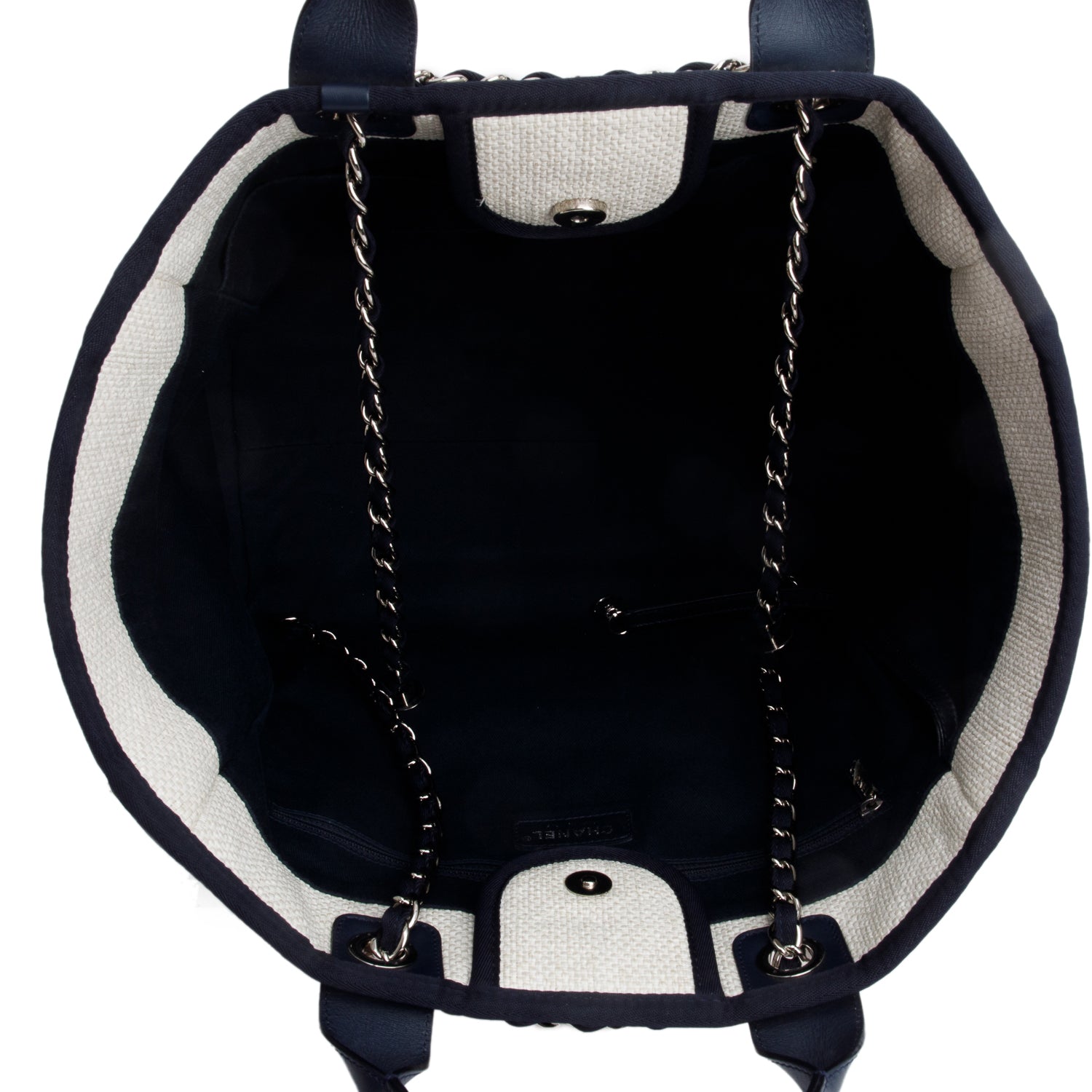 Chanel White Canvas Navy Calfskin Leather Trim Medium Deauville Shopping Tote w/ Authenticity Card