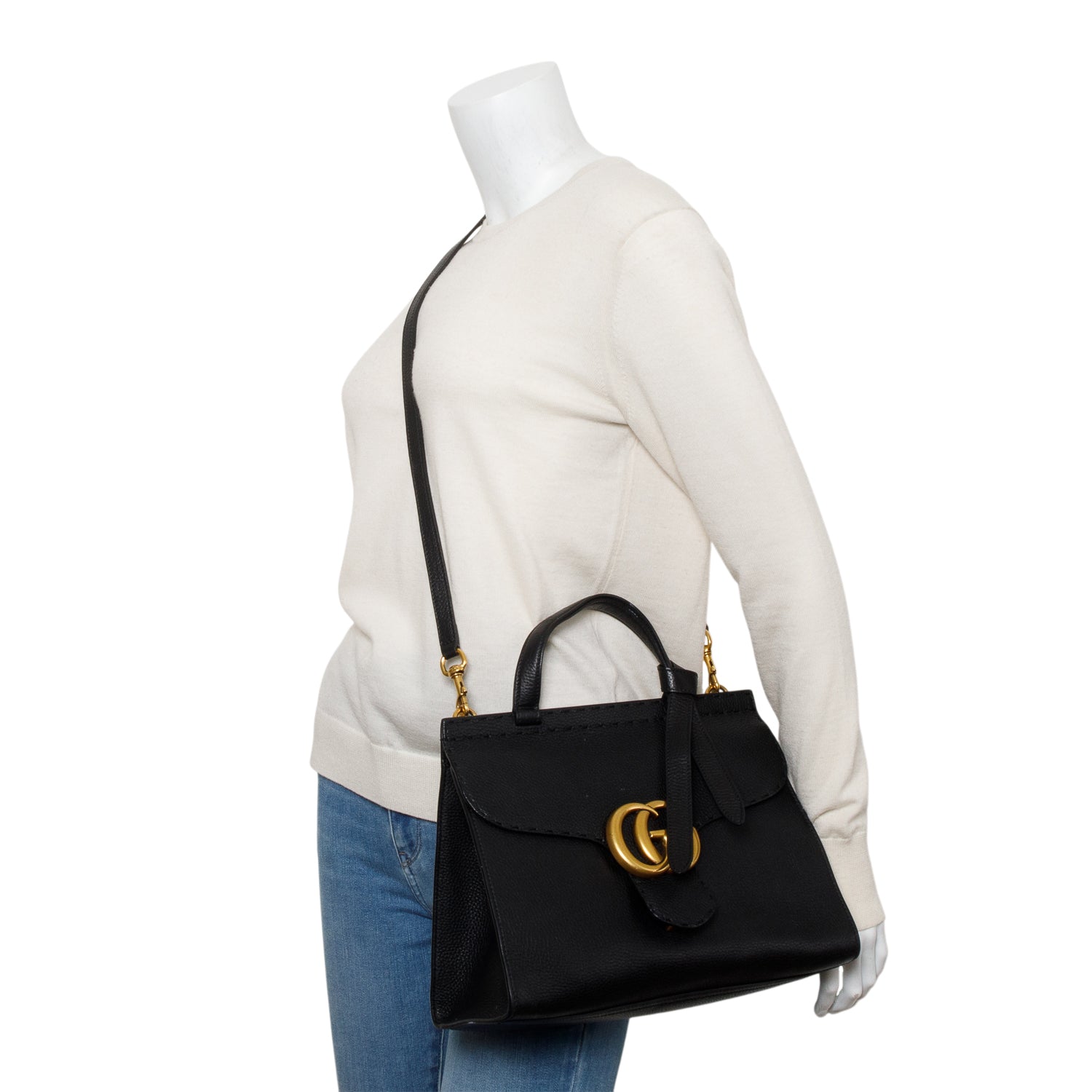 Gucci Black Pebbled Leather GG Marmont Small Top Handle Bag