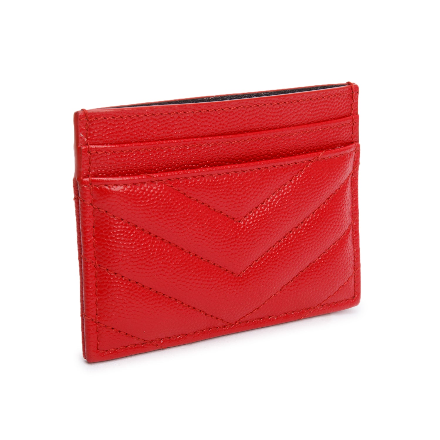 Saint Laurent Red Grain de Poudre Matelasse Chevron Leather Card Case w/ Box