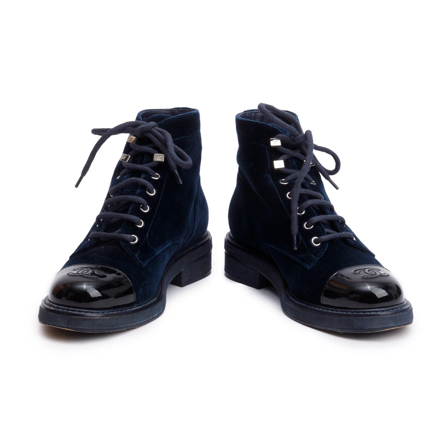 Chanel Blue Velvet Interlocking CC Logo Lace Up Ankle Boots, Size 37 w/ Box