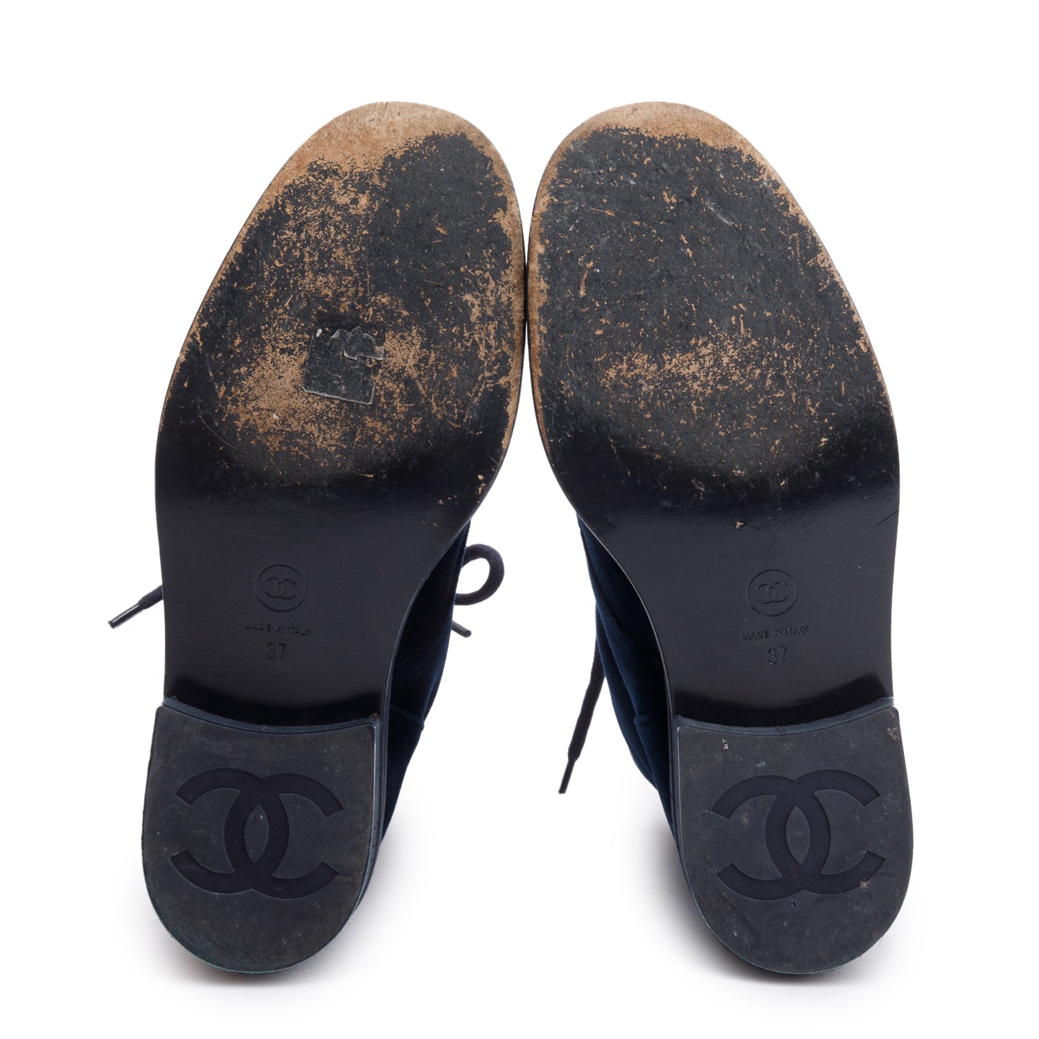 Chanel Blue Velvet Interlocking CC Logo Lace Up Ankle Boots, Size 37 w/ Box