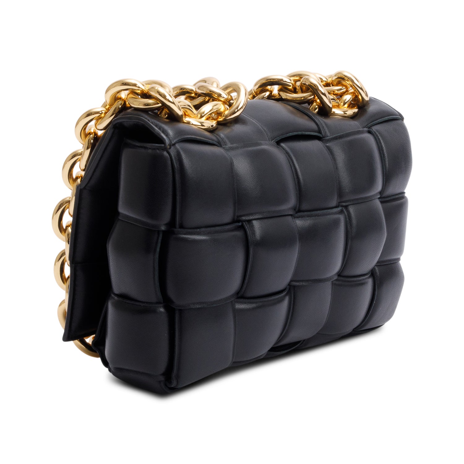 Bottega Veneta Black Intreccio Nappa Padded Leather Maxi Chain Cassette Bag