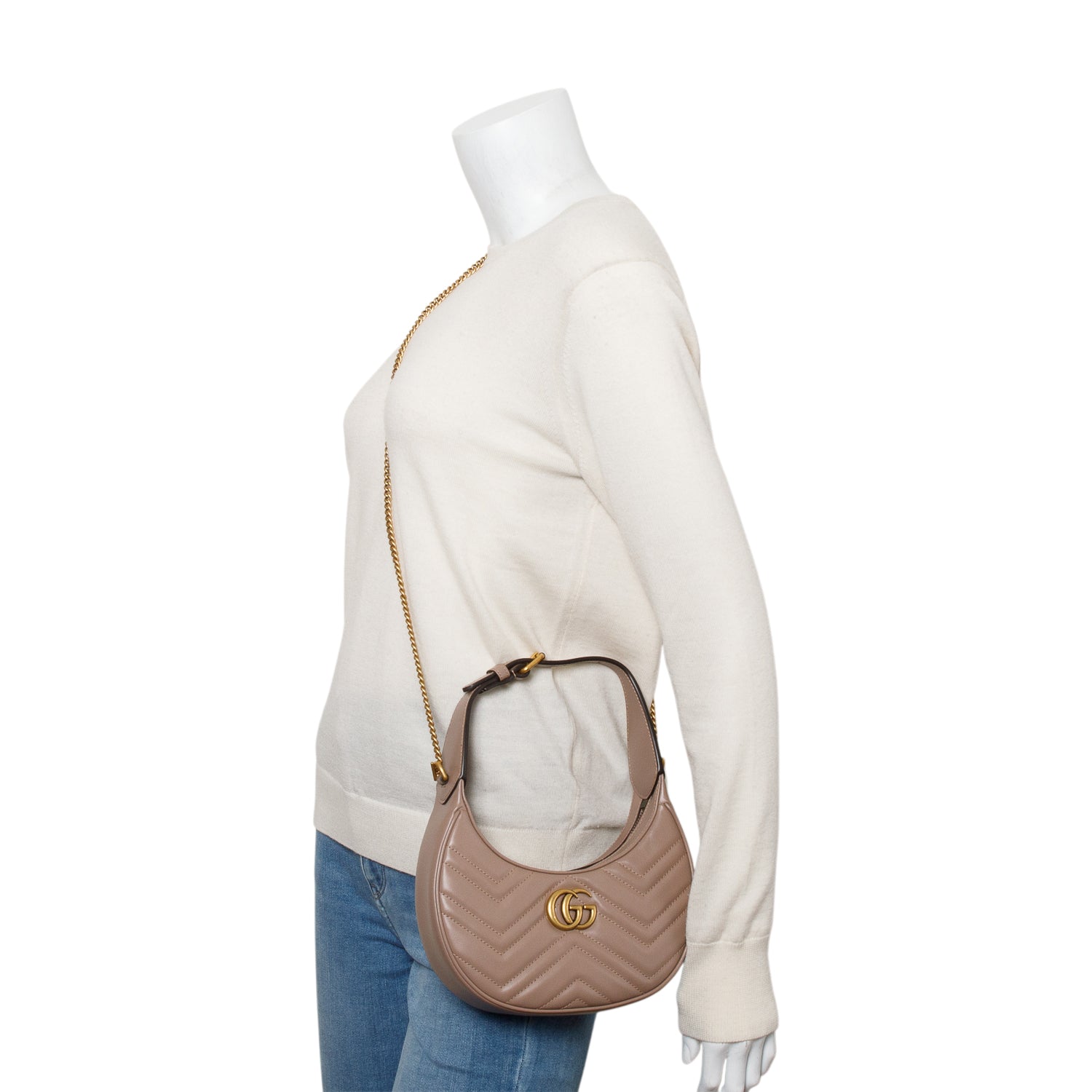 Gucci Beige GG Marmont Half-Moon Shaped Mini Bag w/ Strap & Box