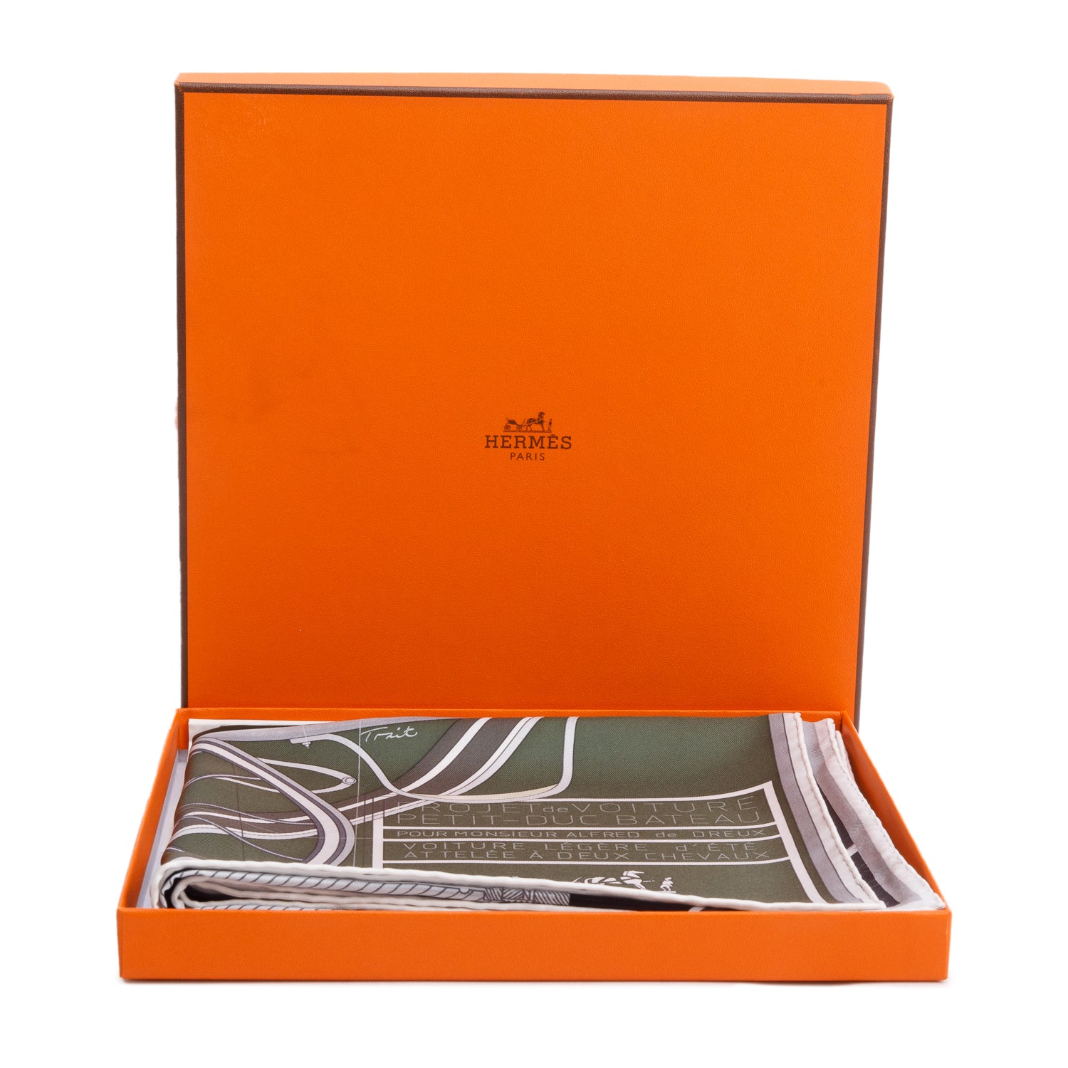 Hermes Noir/Kaki/Creme 'Petit Duc' Silk Scarf 90 w/ Box