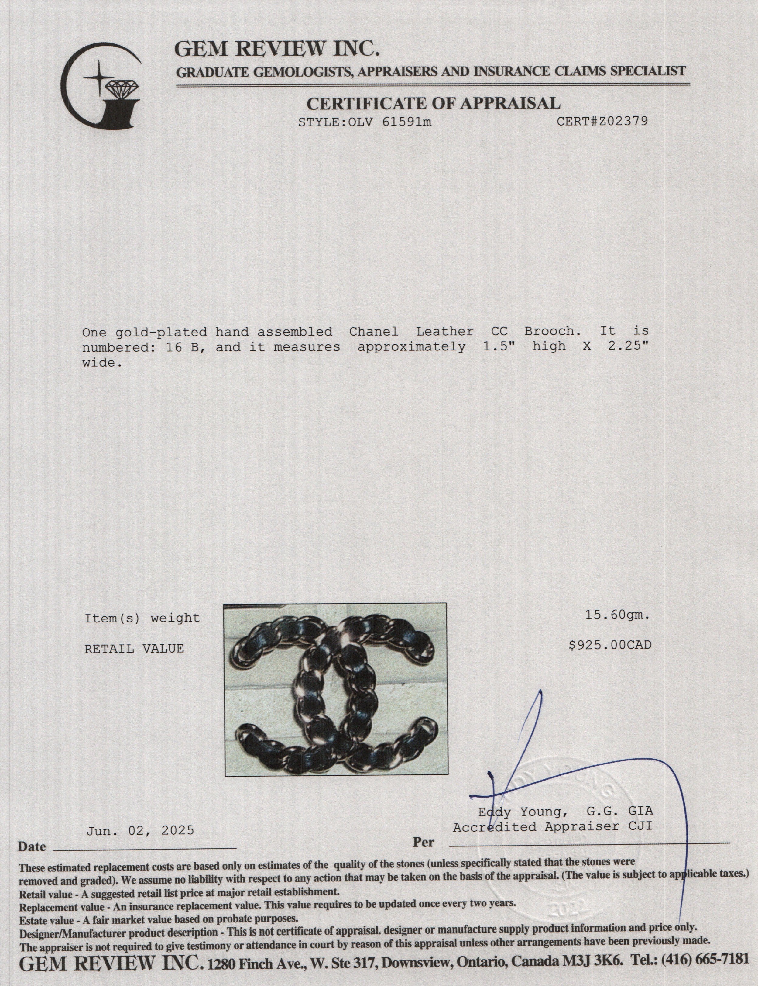 Chanel Gold Plated Leather CC Brooch w/ Box