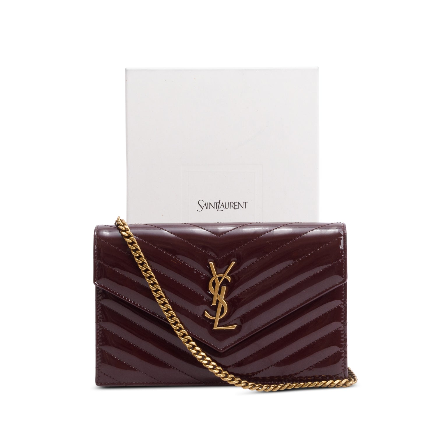 Saint Laurent 2024 Burgundy Patent Leather Cassandre Envelope Chain Wallet w/ Box