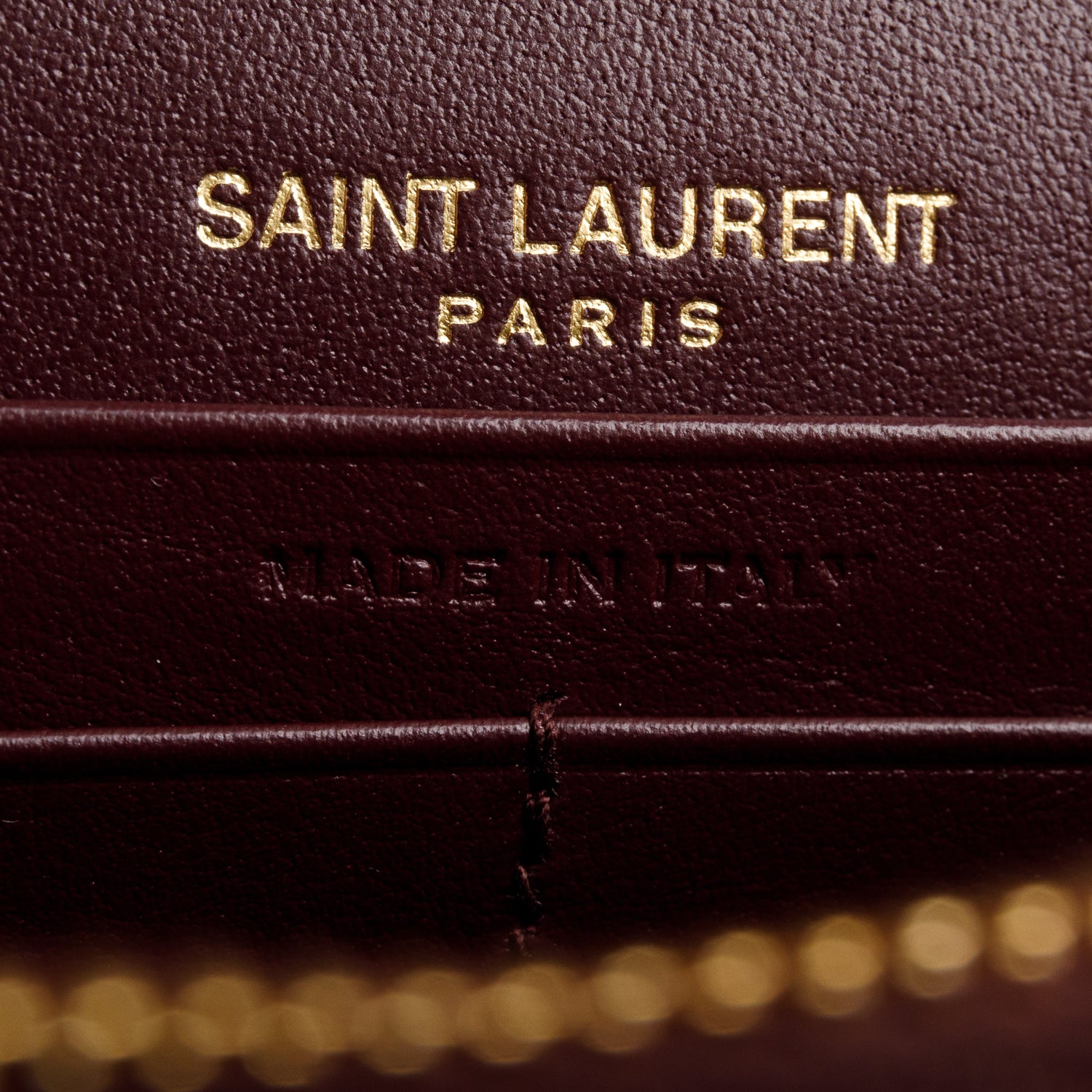 Saint Laurent 2024 Burgundy Patent Leather Cassandre Envelope Chain Wallet w/ Box