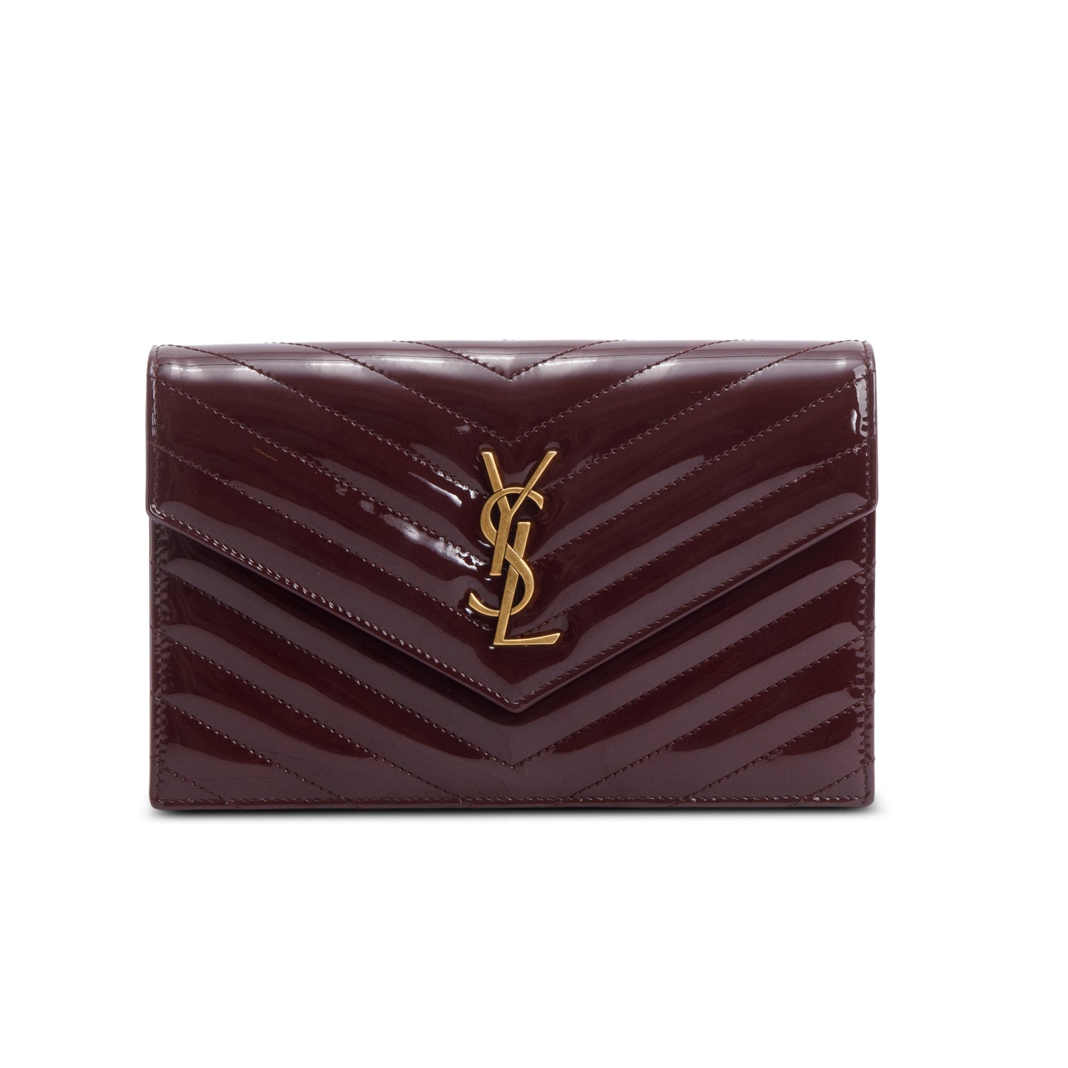 Saint Laurent 2024 Burgundy Patent Leather Cassandre Envelope Chain Wallet w/ Box