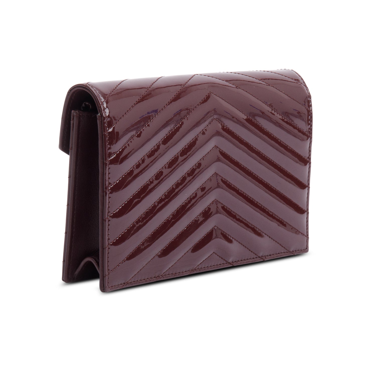 Saint Laurent 2024 Burgundy Patent Leather Cassandre Envelope Chain Wallet w/ Box