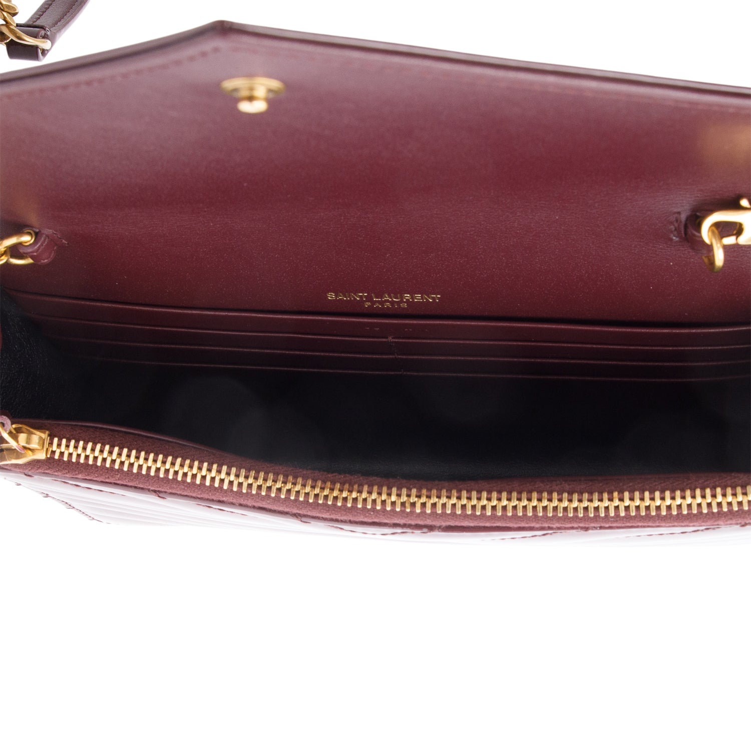 Saint Laurent 2024 Burgundy Patent Leather Cassandre Envelope Chain Wallet w/ Box