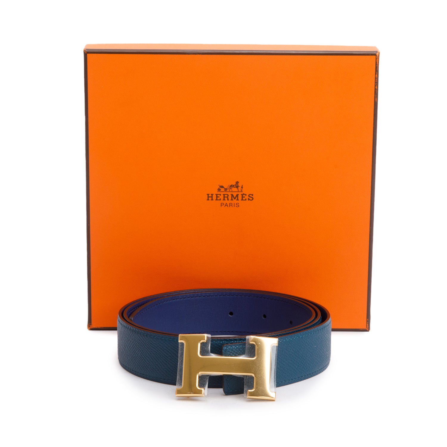 Hermes Bleu Nuit Box Bleu Navy Togo Leather Reversible 32 MM H Belt Kit, Size 95 w/ Box