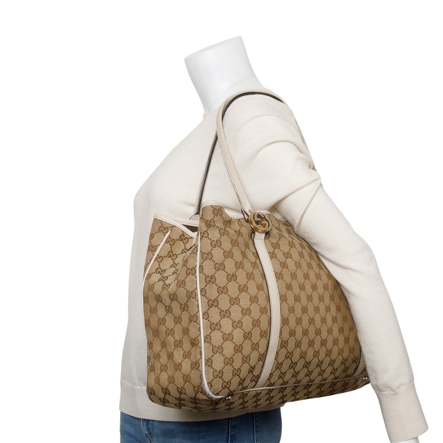 Gucci White Leather Trim GG Canvas Large Twin Tote