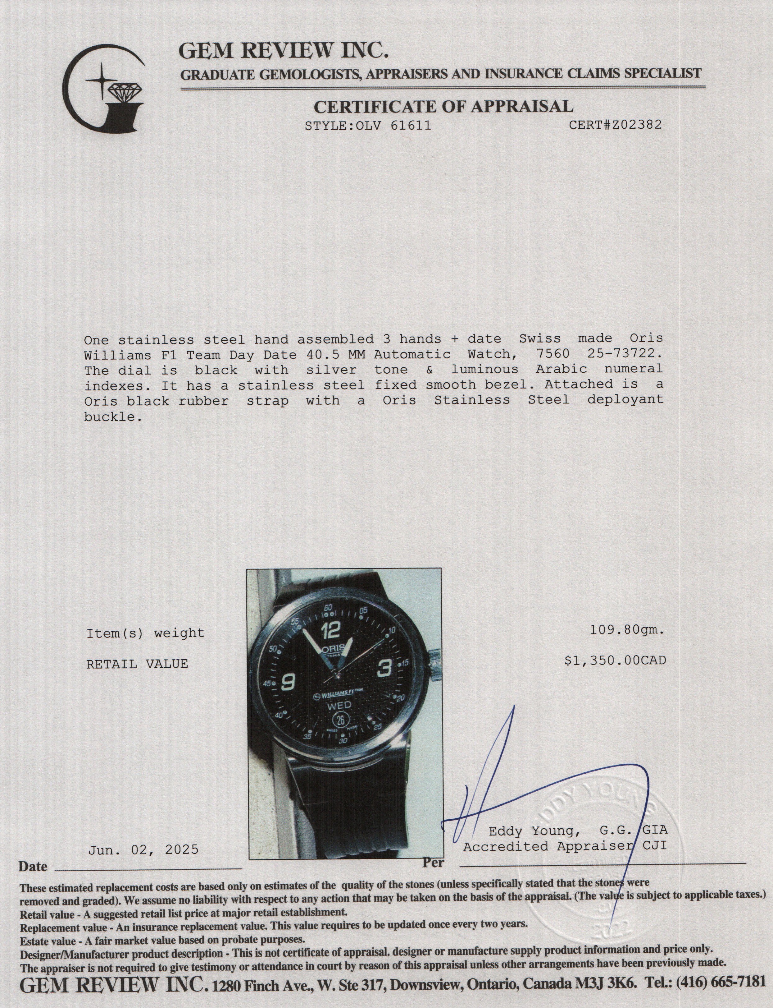 Oris Stainless Steel Williams F1 Team Day Date 40.5 MM Automatic Watch w/ Papers