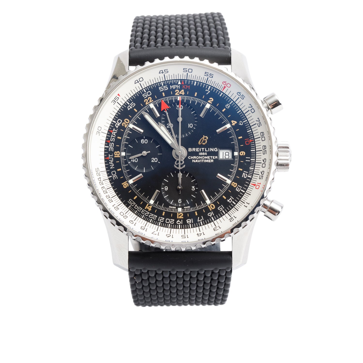 Breitling Stainless Steel Navitimer World GMT 46 MM Chronograph Automatic Watch Black Dial A24322 w/ Box & Papers