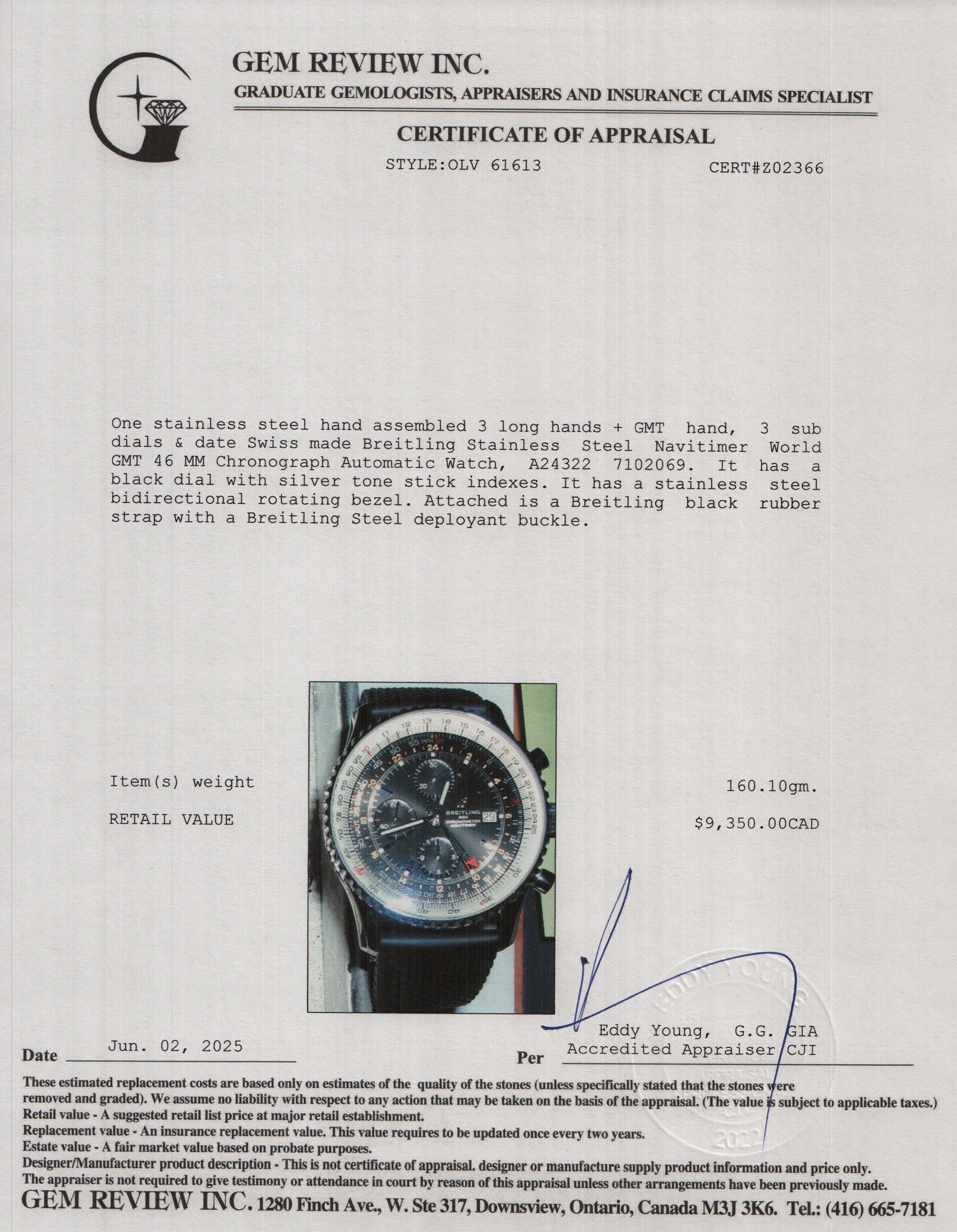 Breitling Stainless Steel Navitimer World GMT 46 MM Chronograph Automatic Watch Black Dial A24322 w/ Box & Papers