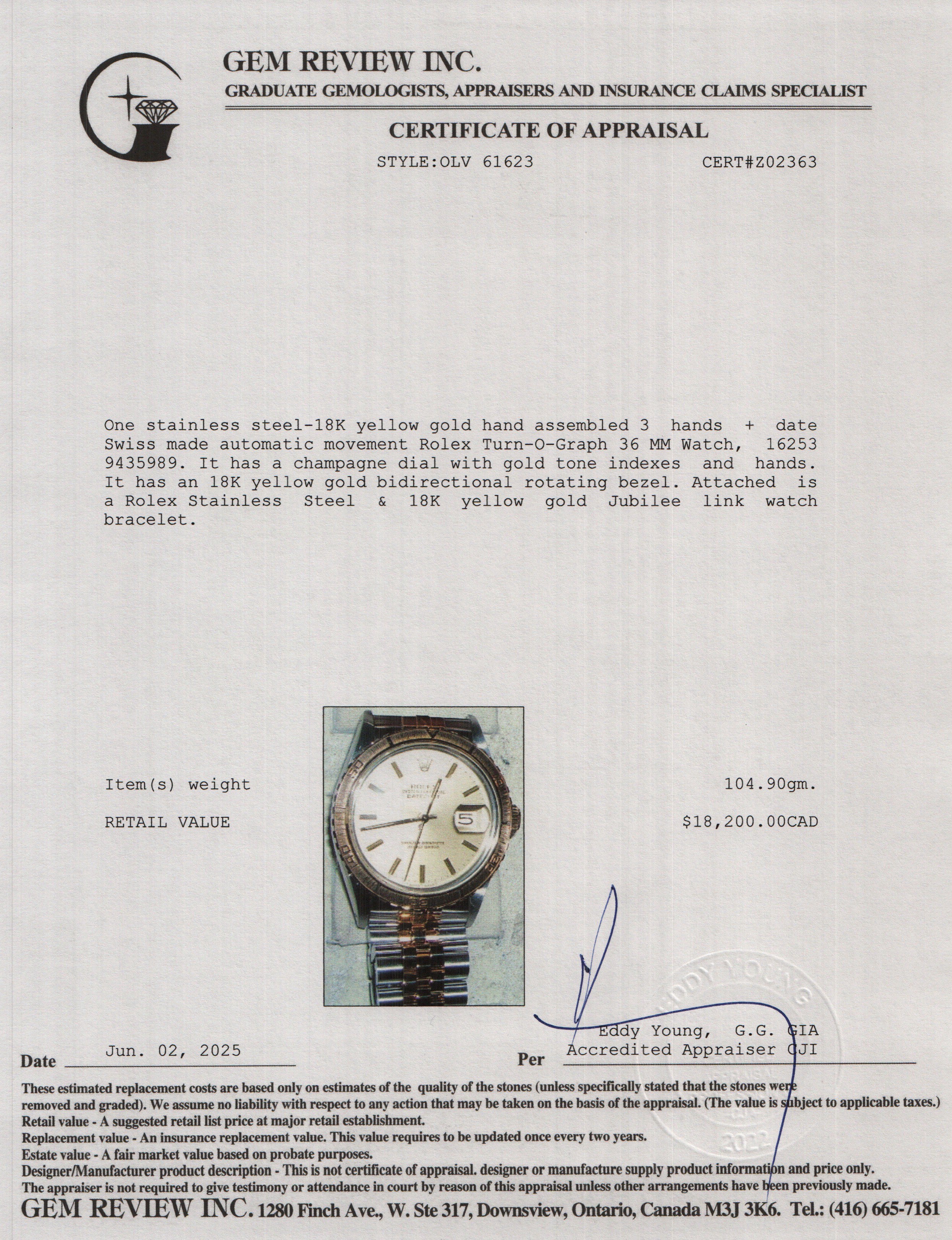 Rolex Stainless Steel & 18k Yellow Gold Turn-O-Graph 36 MM Watch 16253