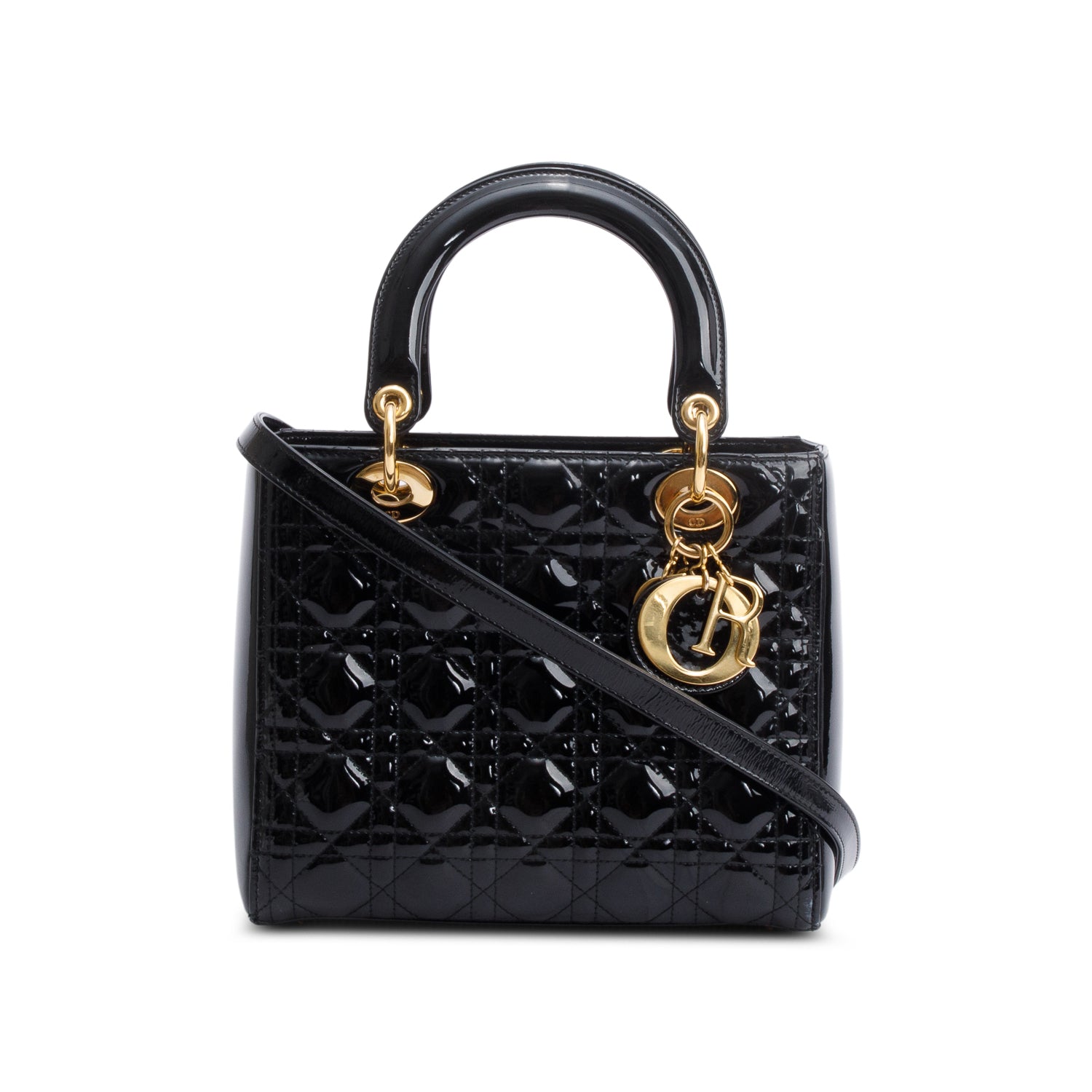 Christian Dior Black Cannage Patent Leather Medium Lady Dior Bag w/ Strap