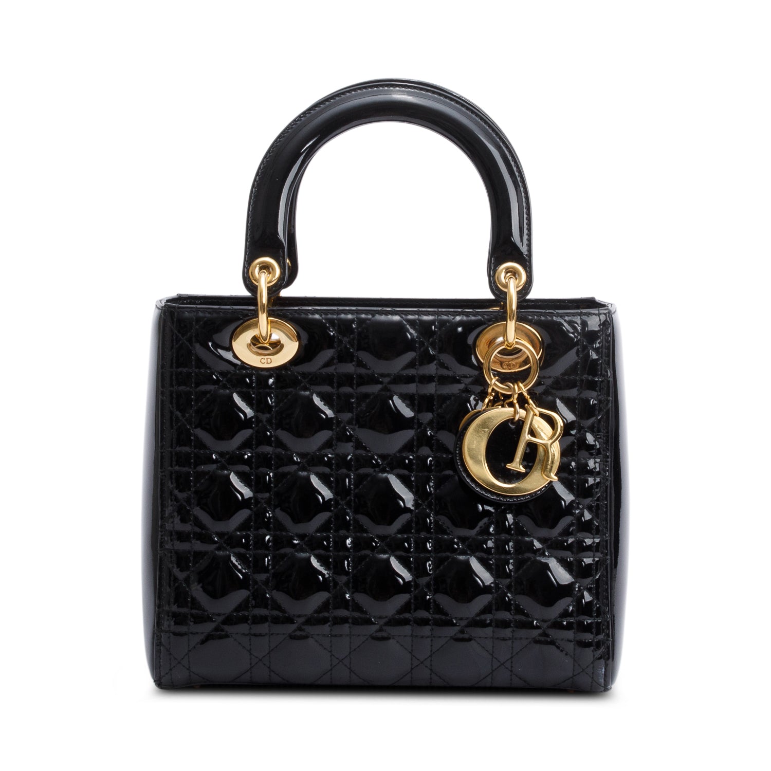 Christian Dior Black Cannage Patent Leather Medium Lady Dior Bag w/ Strap