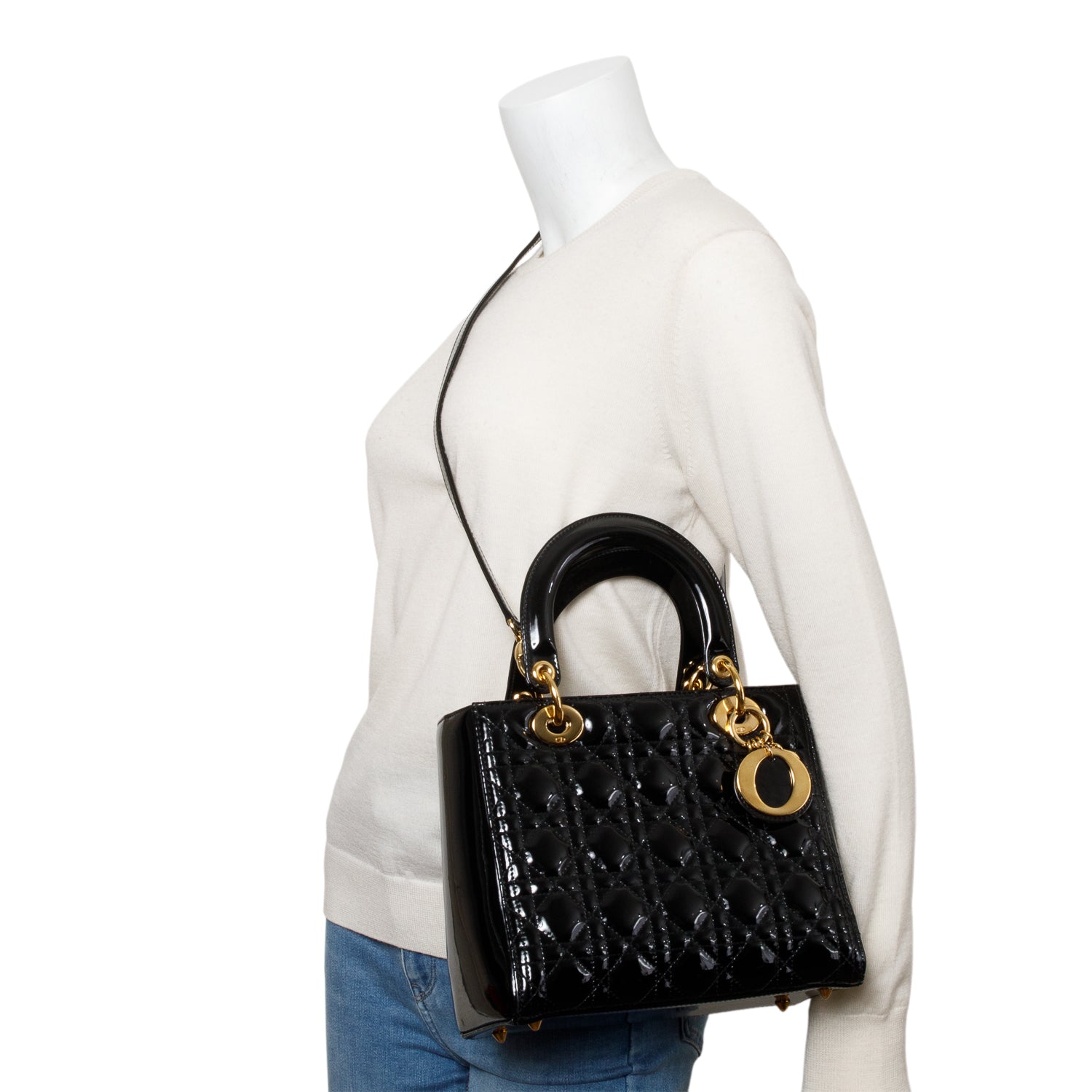 Christian Dior Black Cannage Patent Leather Medium Lady Dior Bag w/ Strap