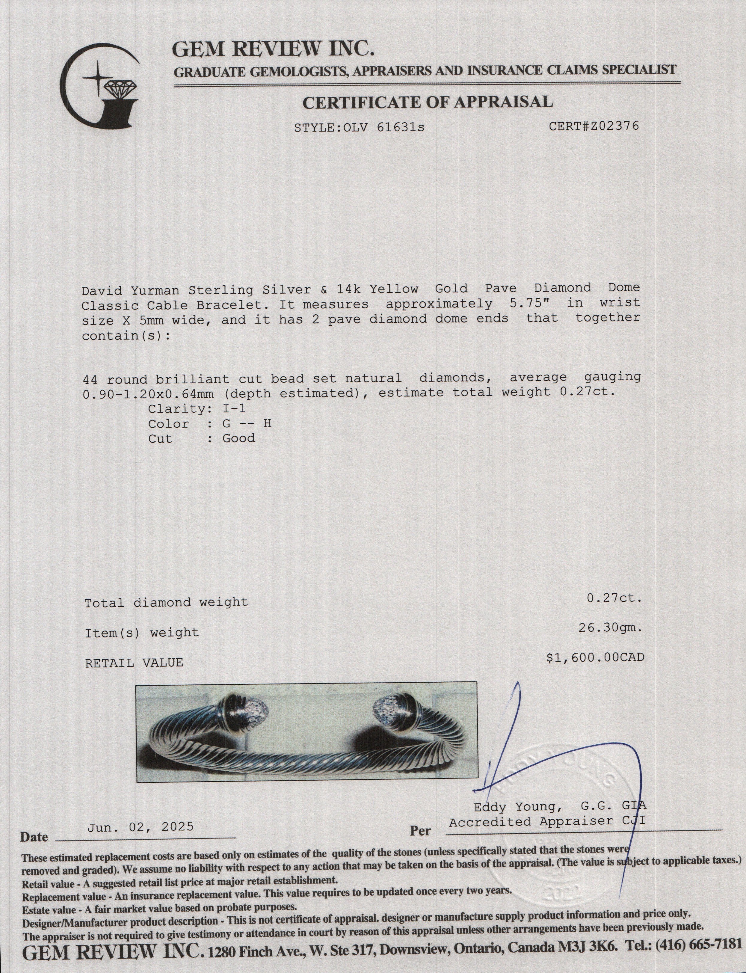 David Yurman Sterling Silver & 14k Yellow Gold Pave Diamond Dome 5 MM Classic Cable Bracelet