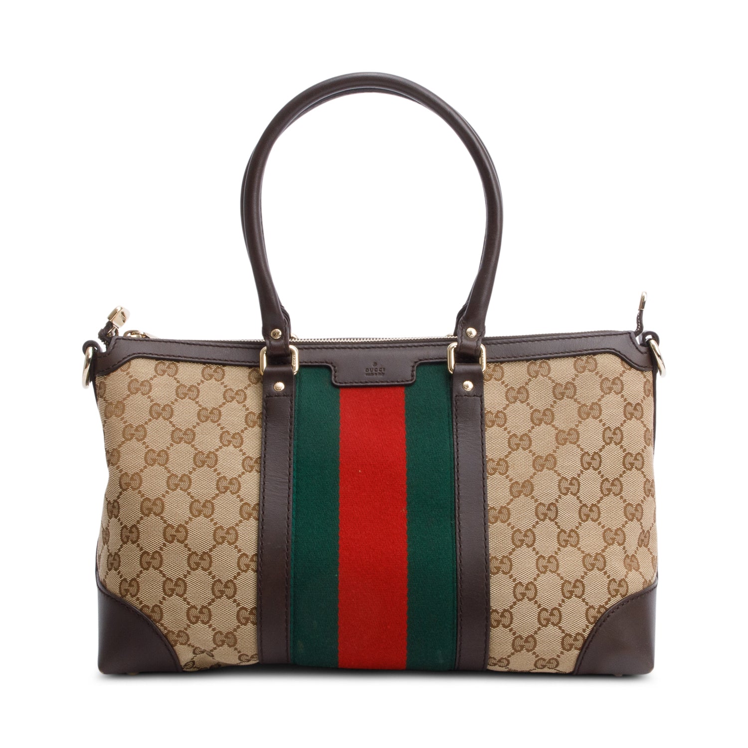 Gucci Brown Leather Trim GG Canvas Medium Vintage Web Top Handle Bag w/ Strap