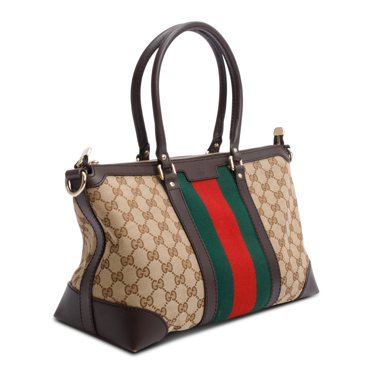 Gucci Brown Leather Trim GG Canvas Medium Vintage Web Top Handle Bag w/ Strap