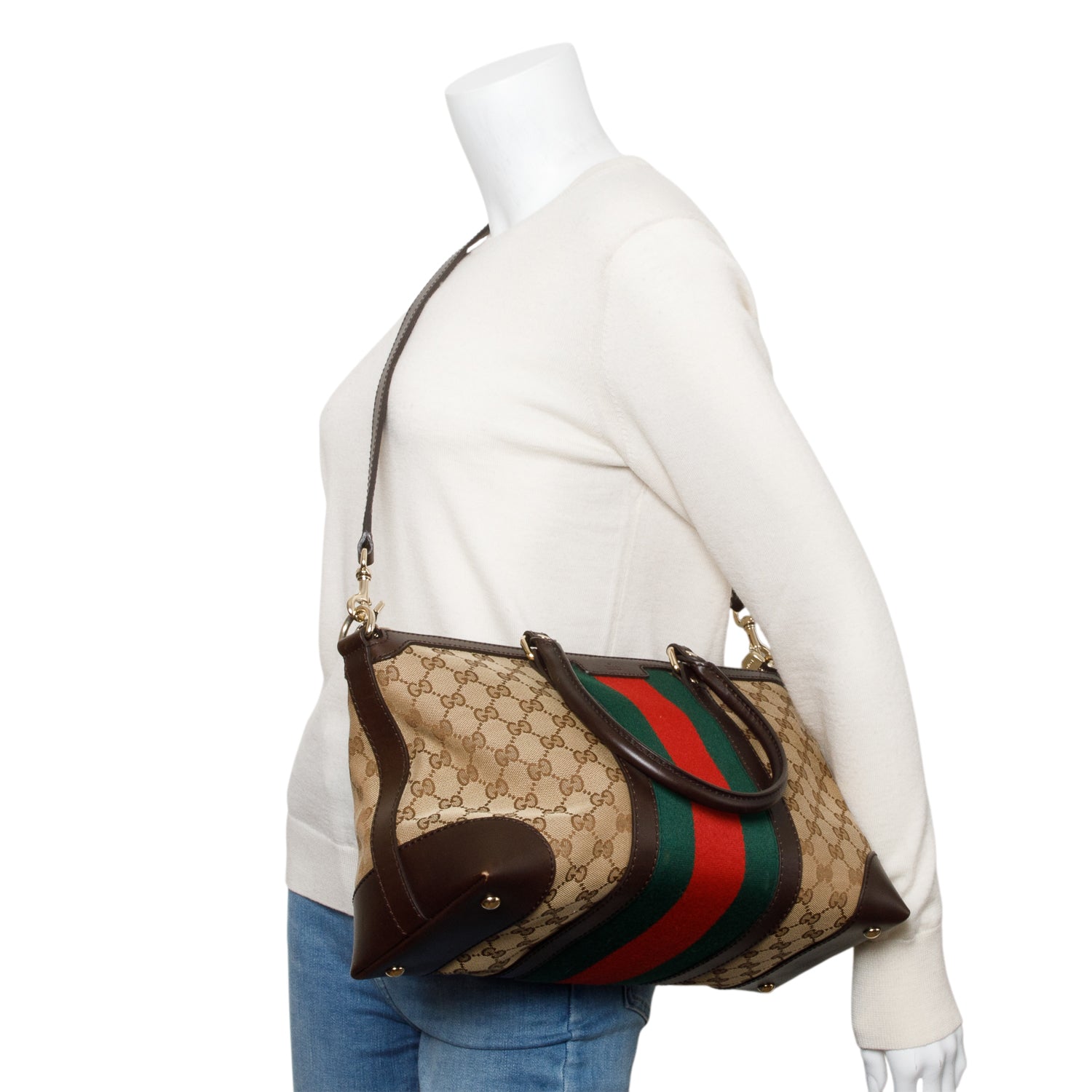 Gucci Brown Leather Trim GG Canvas Medium Vintage Web Top Handle Bag w/ Strap