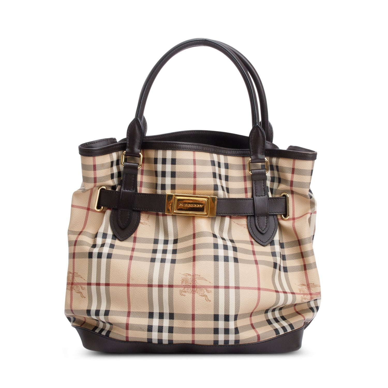 Burberry House Check Brown Leather Trim Medium Golderton Tote w/ Strap