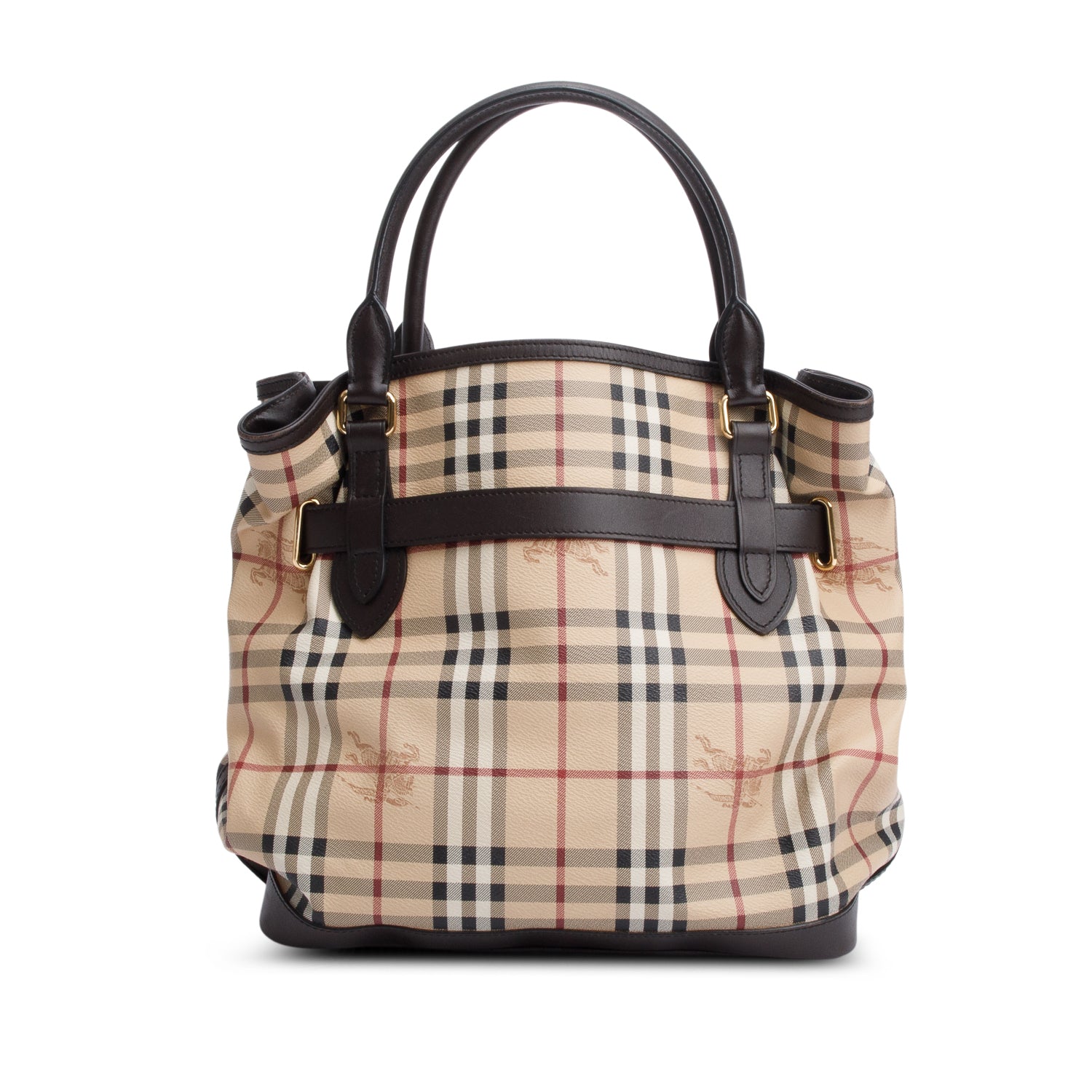 Burberry House Check Brown Leather Trim Medium Golderton Tote w/ Strap