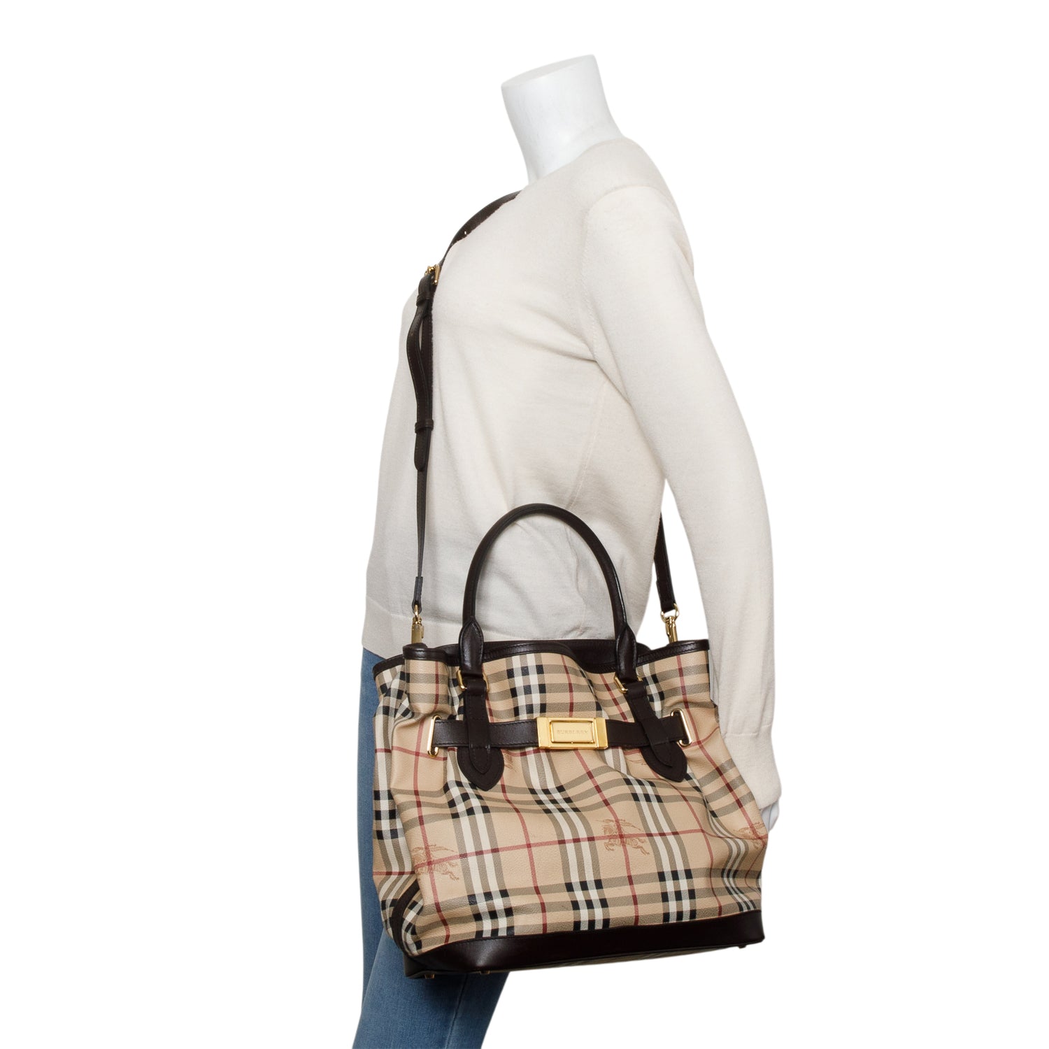 Burberry House Check Brown Leather Trim Medium Golderton Tote w/ Strap