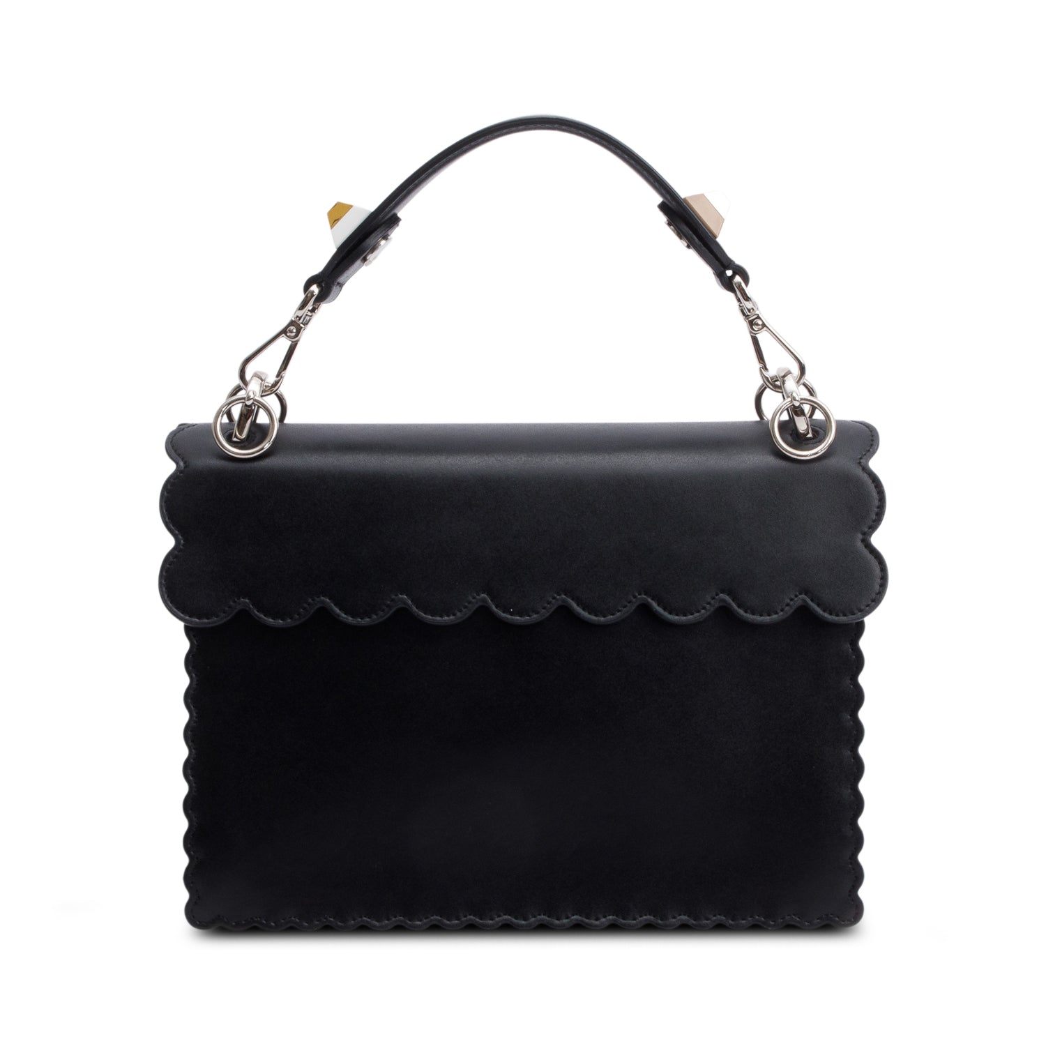 Fendi Black Calfskin Leather Faux Pearl Medium Kan I Scallop Handle Bag