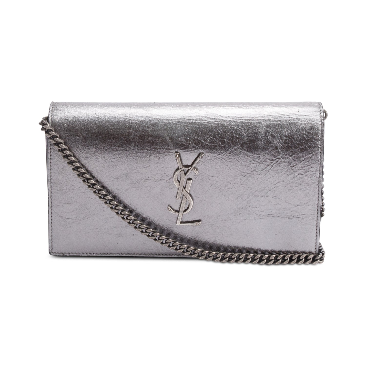 Saint Laurent Grey Aged Calfskin Leather Cassandre Wallet on Chain w/ Box