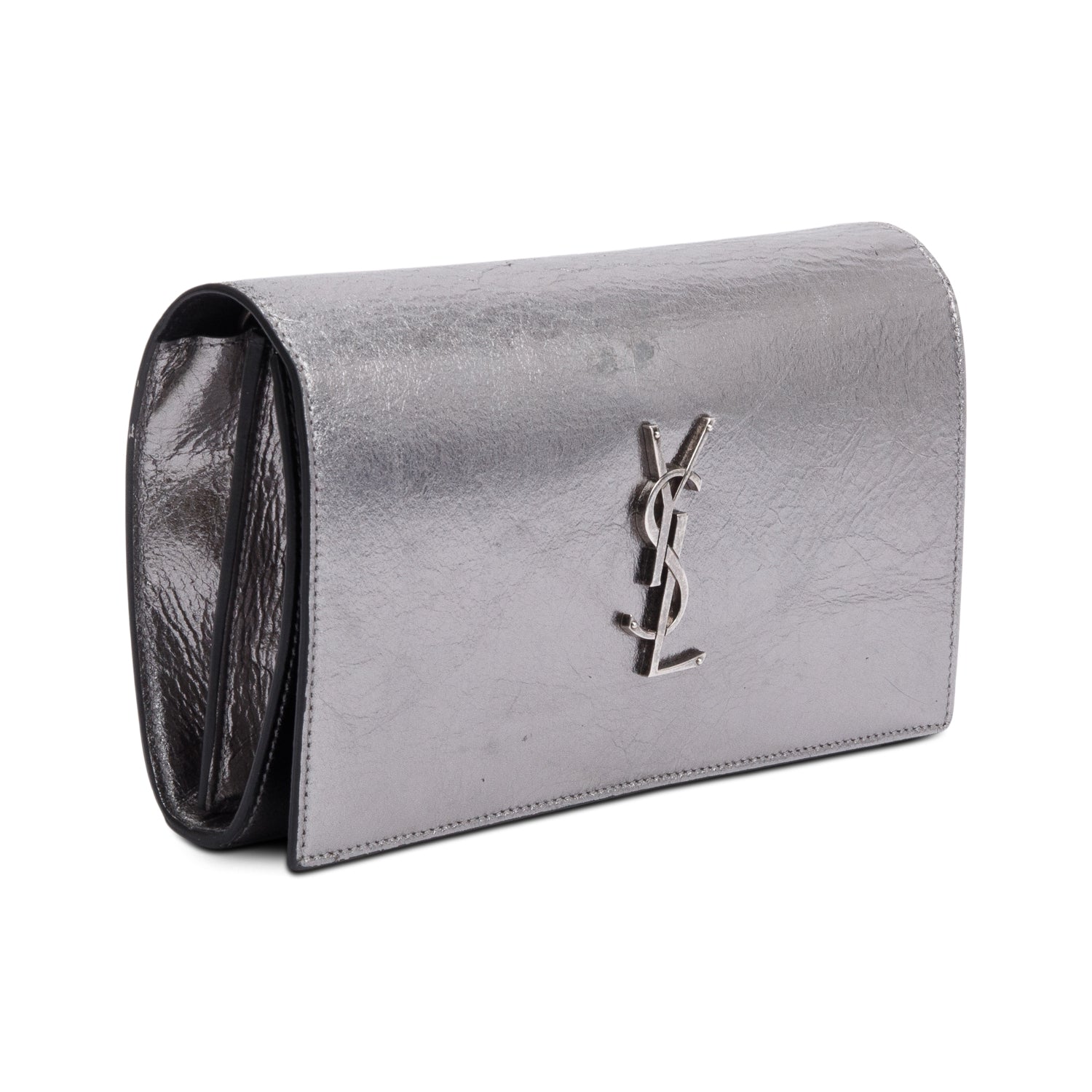 Saint Laurent Grey Aged Calfskin Leather Cassandre Wallet on Chain w/ Box