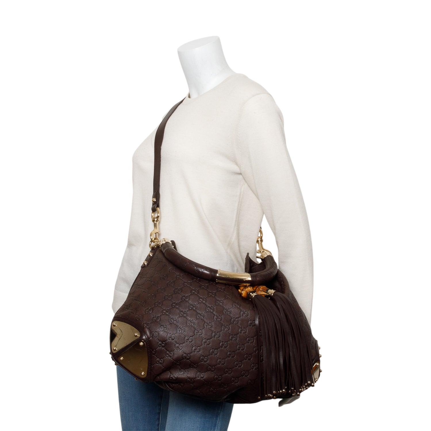 Gucci Brown Guccissima Leather Large  Bamboo Indy Tassel Hobo w/ Strap