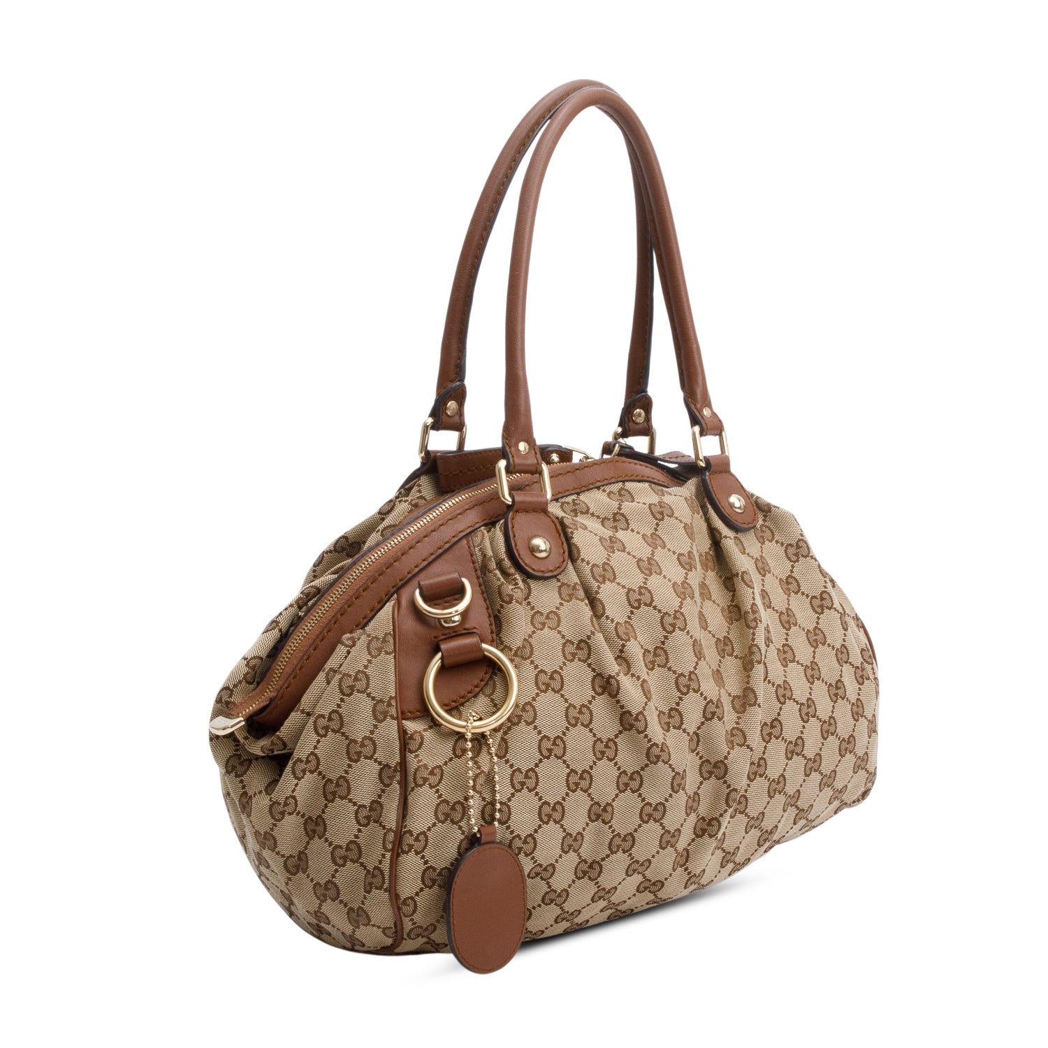 Gucci Beige GG Canvas Brown Leather Trim Medium Sukey Boston Bag w/ Strap