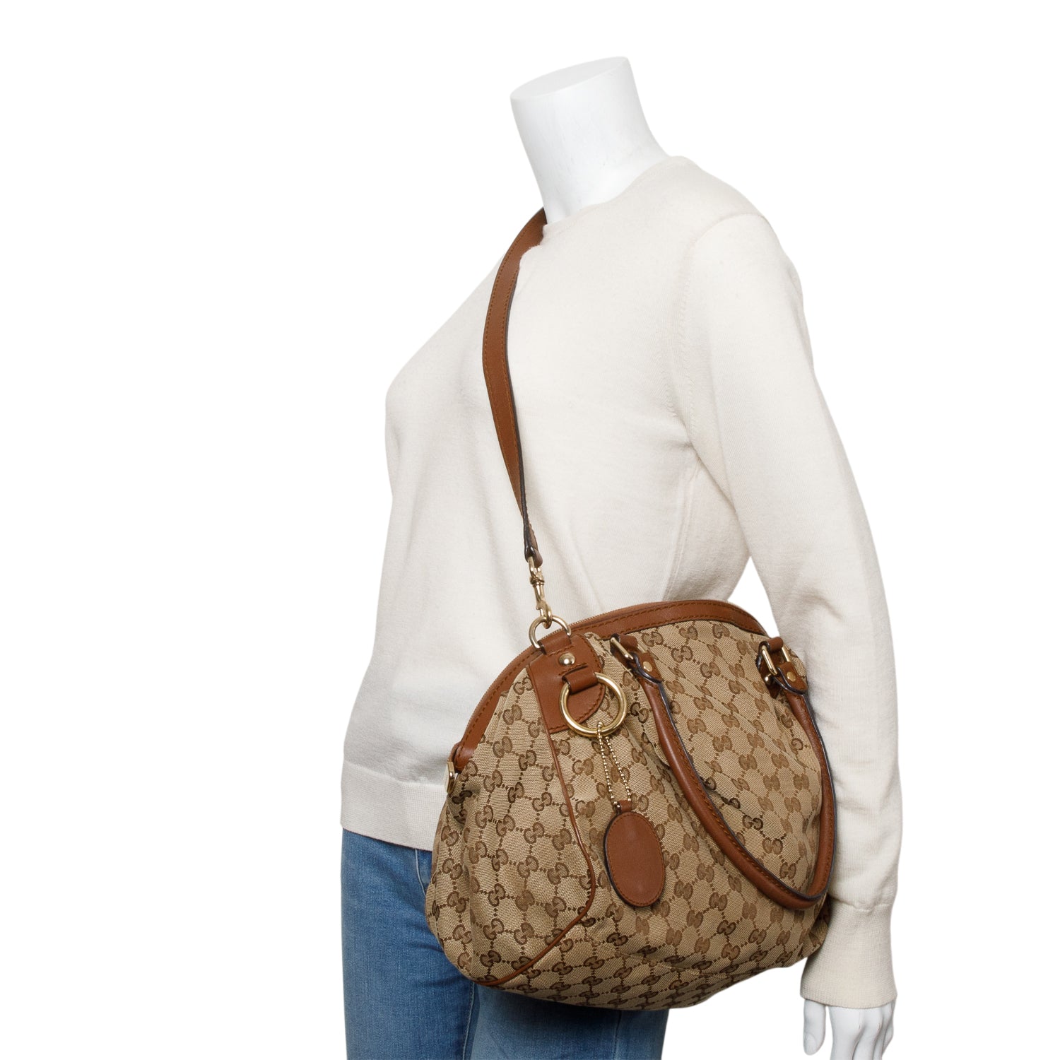 Gucci Beige GG Canvas Brown Leather Trim Medium Sukey Boston Bag w/ Strap