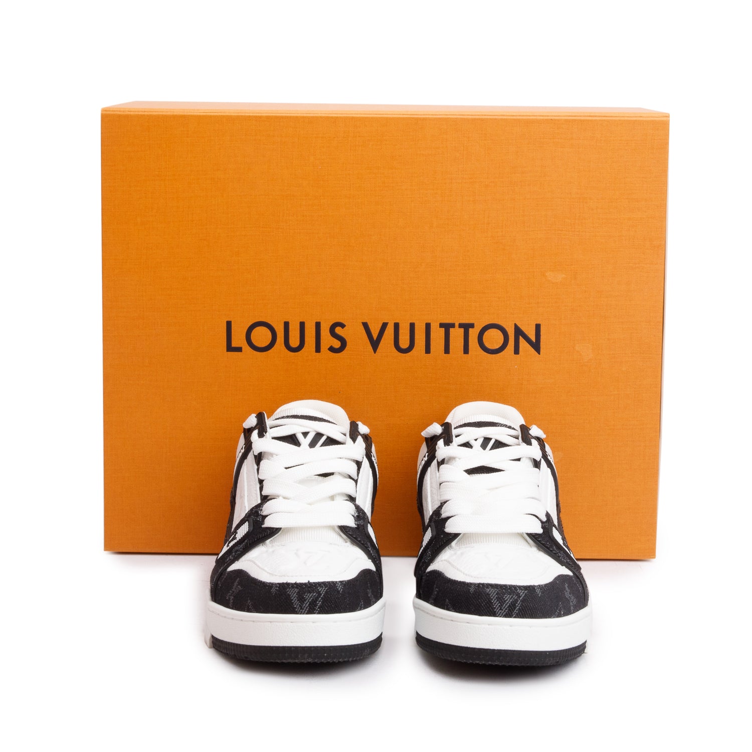 Louis Vuitton 2024 Black Monogram Denim White Embossed Calfskin Leather Trainer Sneakers, Size 37 w/ Box