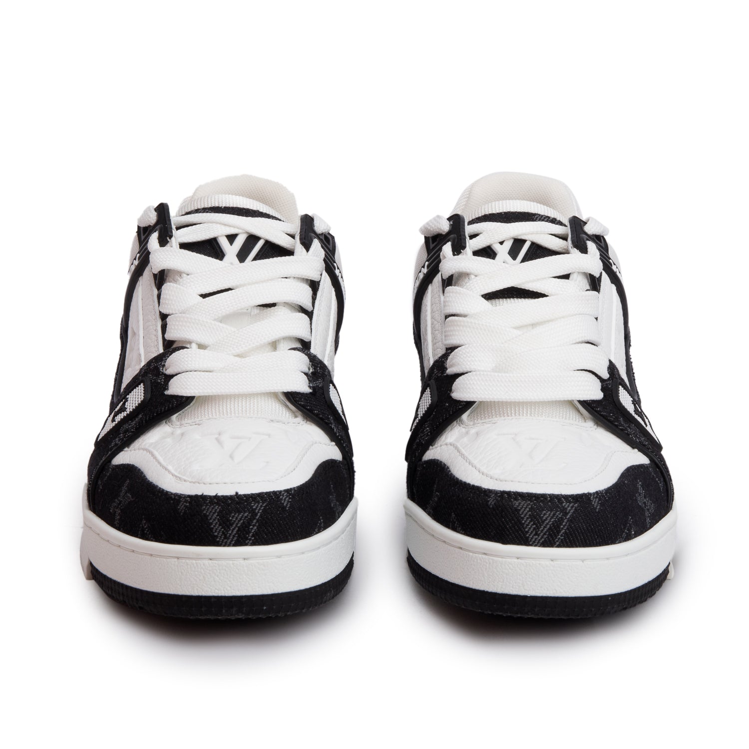 Louis Vuitton 2024 Black Monogram Denim White Embossed Calfskin Leather Trainer Sneakers, Size 37 w/ Box