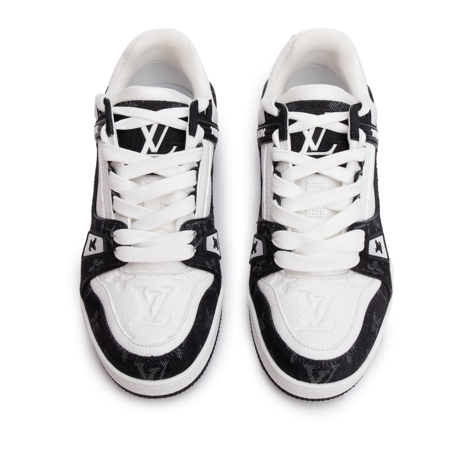 Louis Vuitton 2024 Black Monogram Denim White Embossed Calfskin Leather Trainer Sneakers, Size 37 w/ Box
