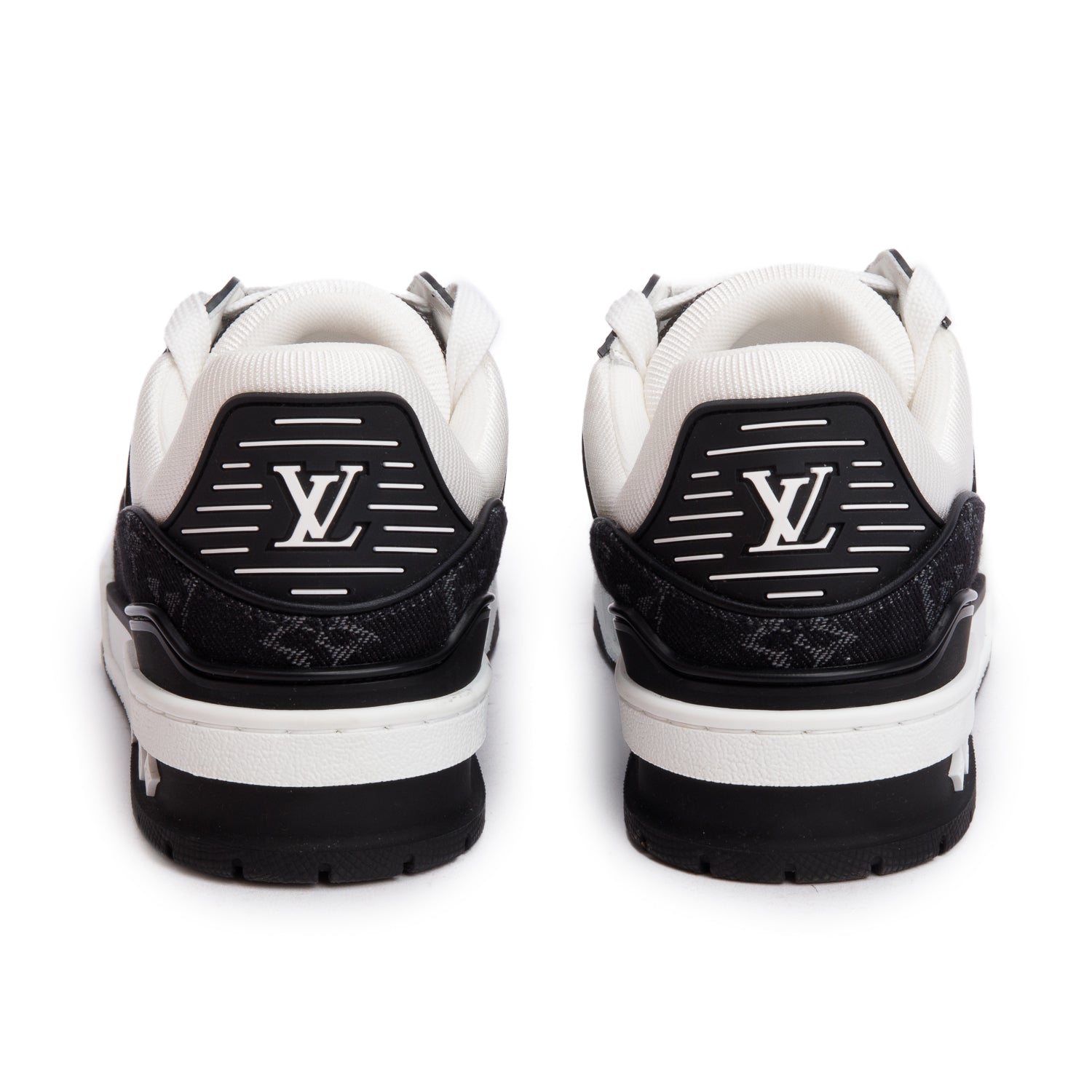 Louis Vuitton 2024 Black Monogram Denim White Embossed Calfskin Leather Trainer Sneakers, Size 37 w/ Box