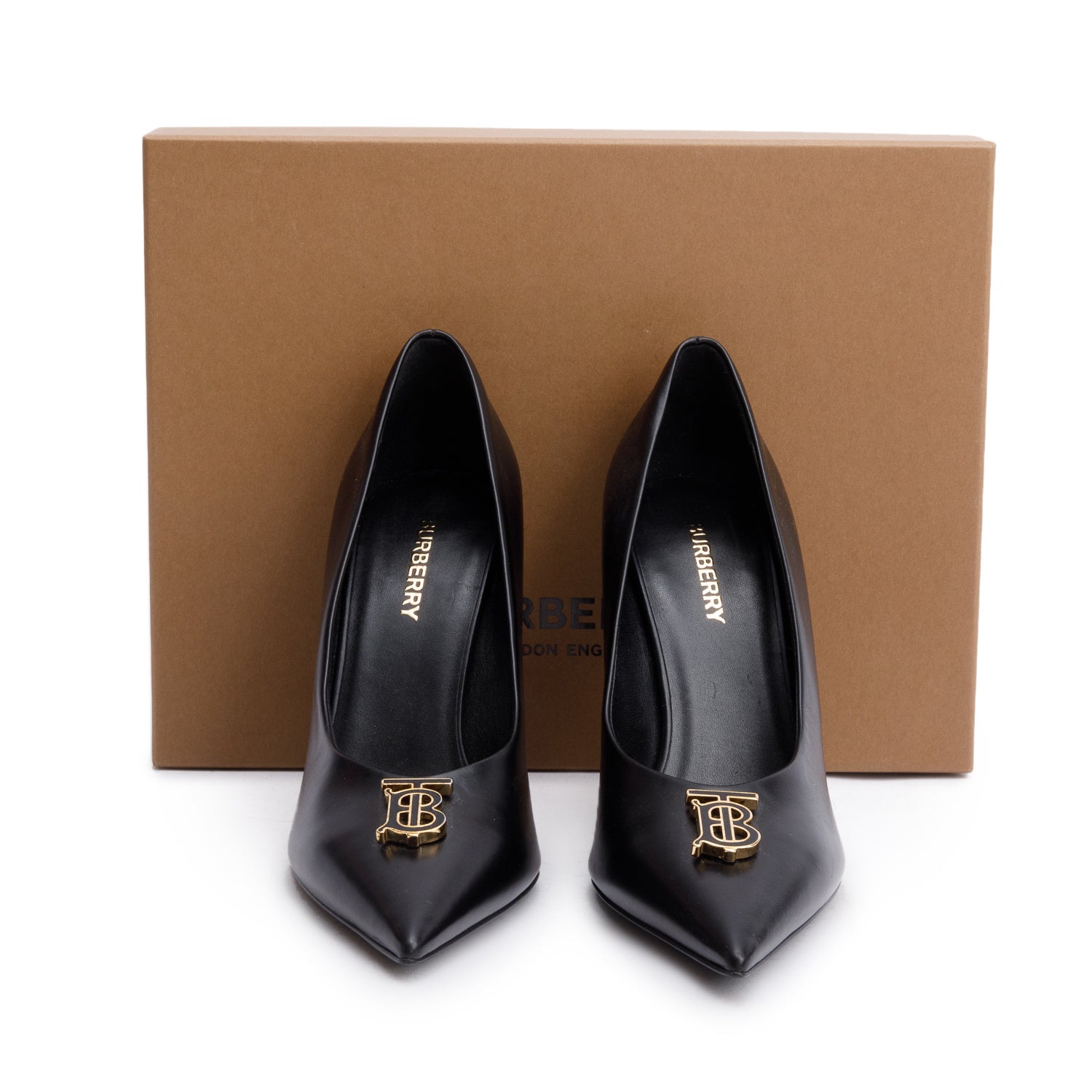 Burberry Black Leather TB Pumps, Size 38 w/ Box