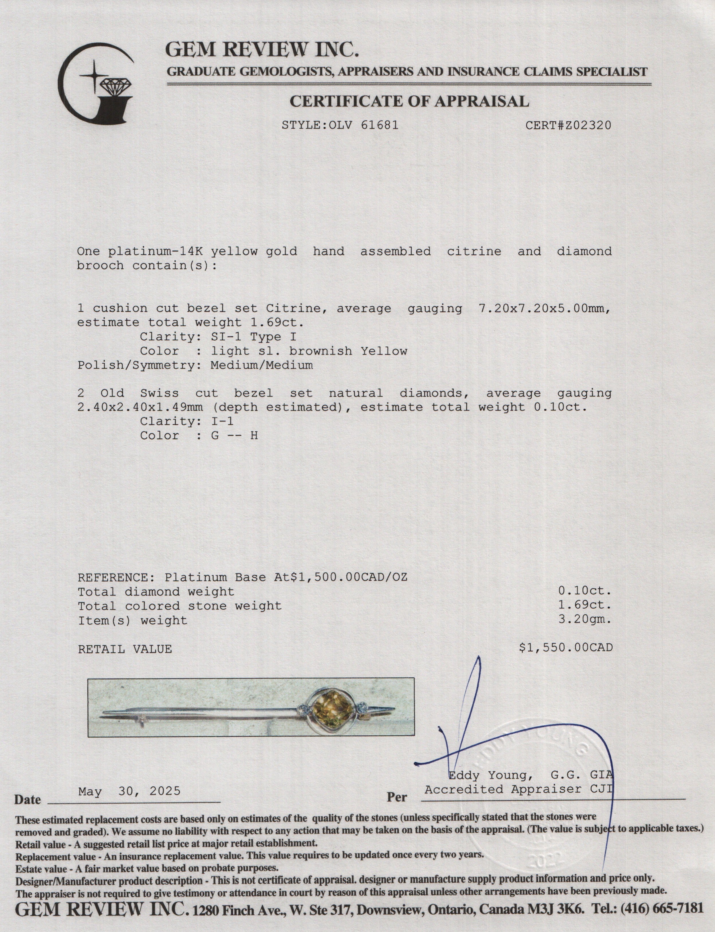 Antique Platinum & 14k Yellow Gold Citrin & Diamond Art Deco Bar Brooch