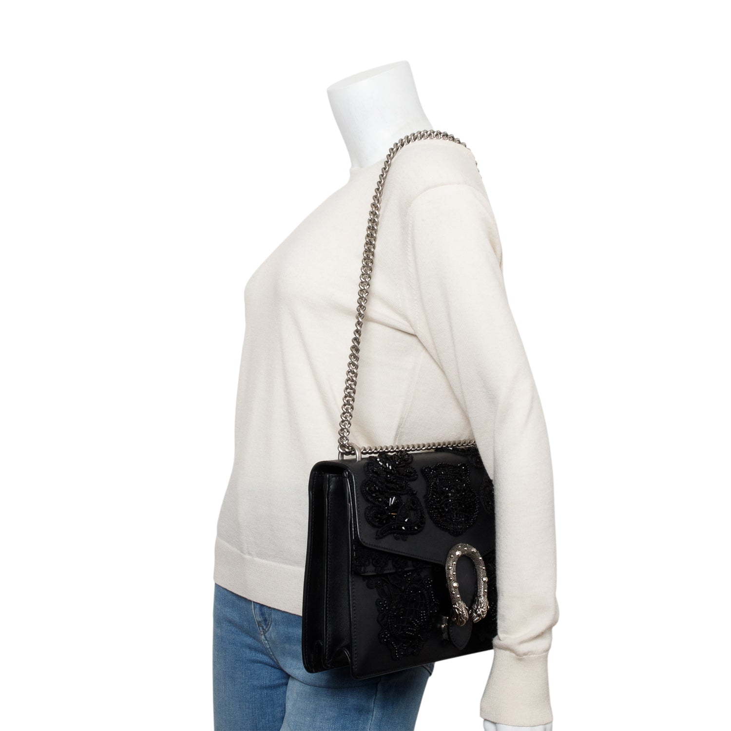 Gucci Black Lace Beaded Embellishment Leather Dionysus Medium Shoulder Bag