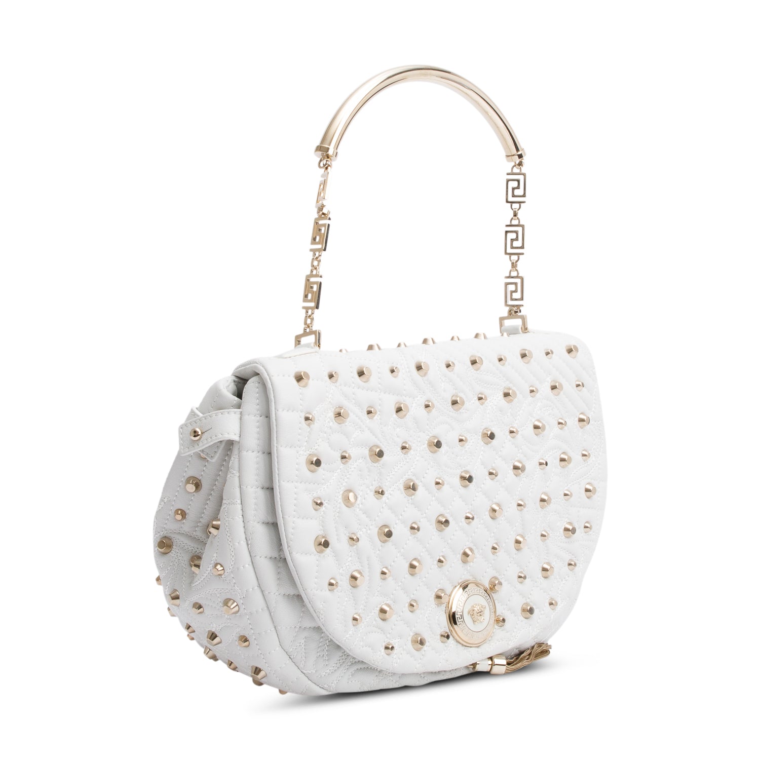 Versace White Quilted Calfskin Leather Studded Tassel Talia Vanitas Shoulder Bag