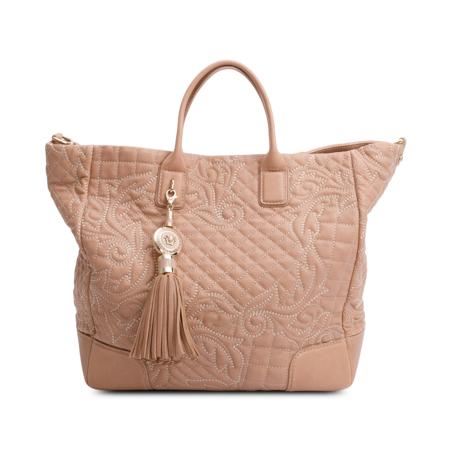 Versace Beige Quilted Calfskin Leather Tassel Elettra Vanitas Tote Bag